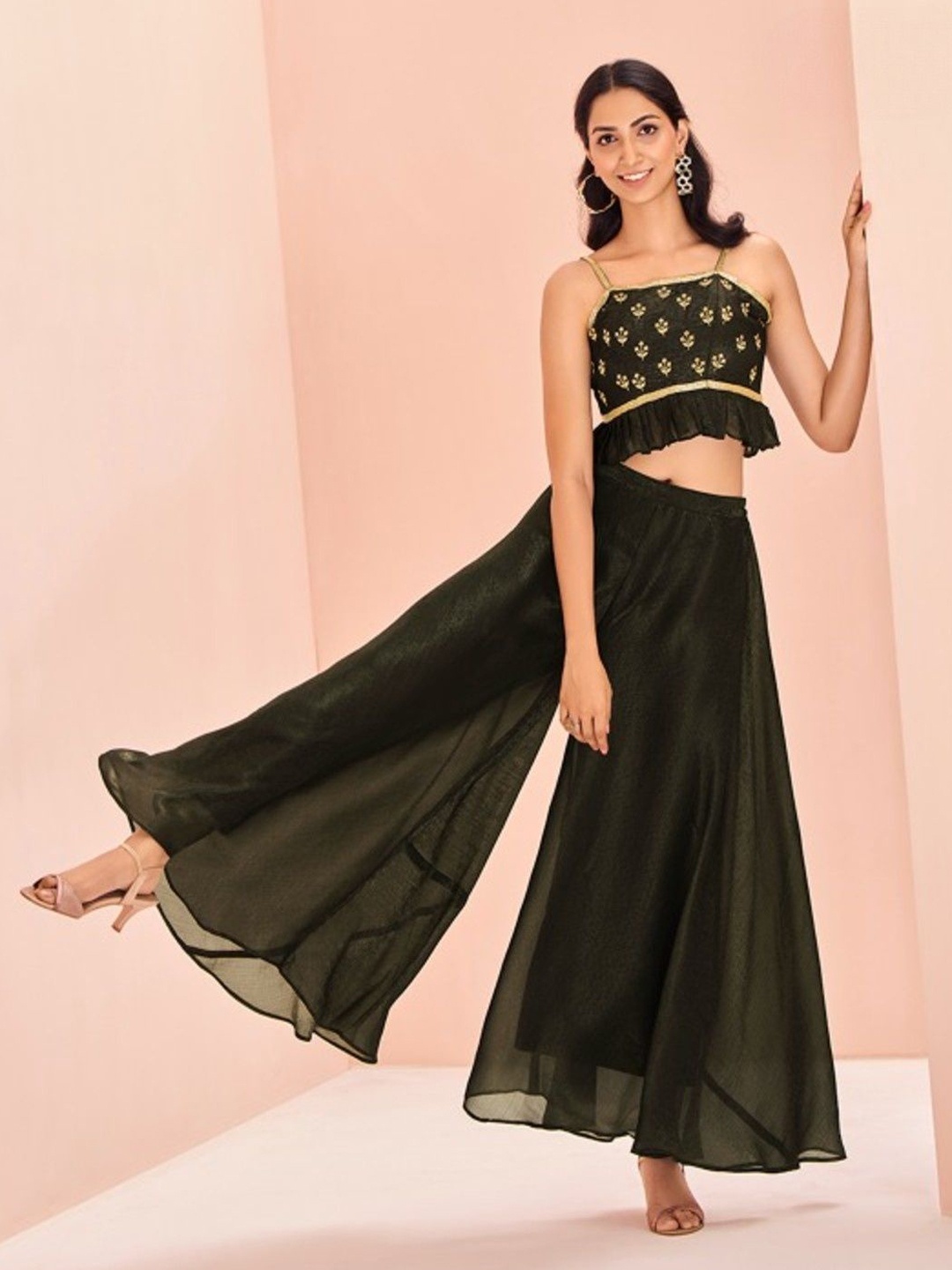 

Fusionic Sakhi Embellished Crop Top With Palazzo, Olive