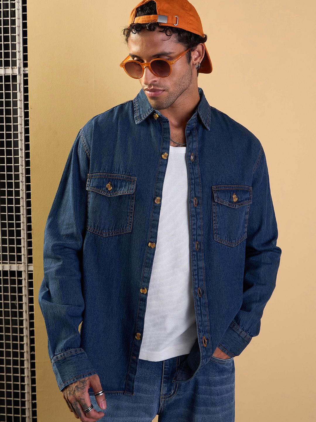 

MASCLN SASSAFRAS Men Spread Collar Solid Cotton Relaxed Fit Shacket, Navy blue