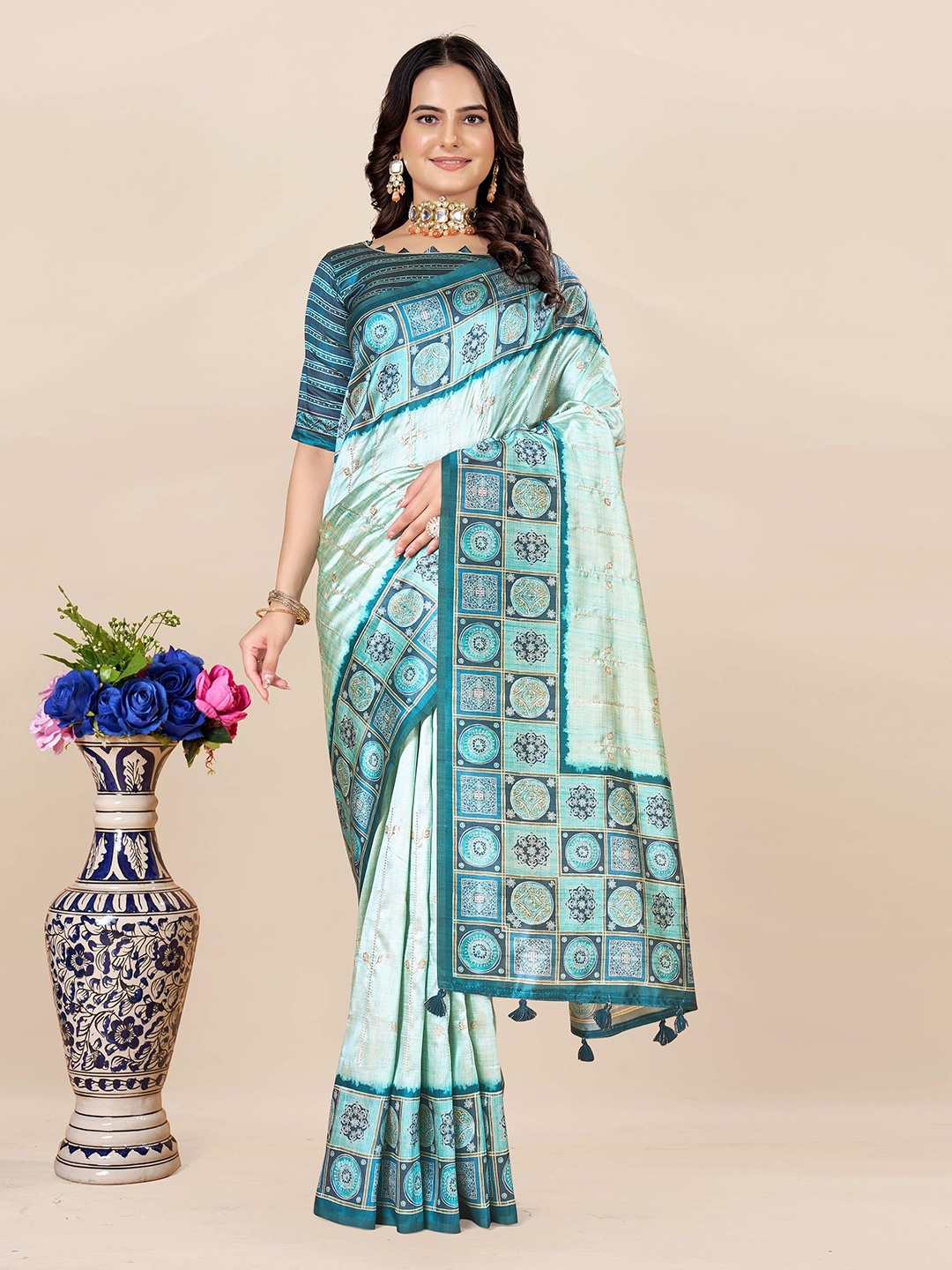 

ETHNIC TODAY Ethnic Motifs Printed Block Print Saree, Teal