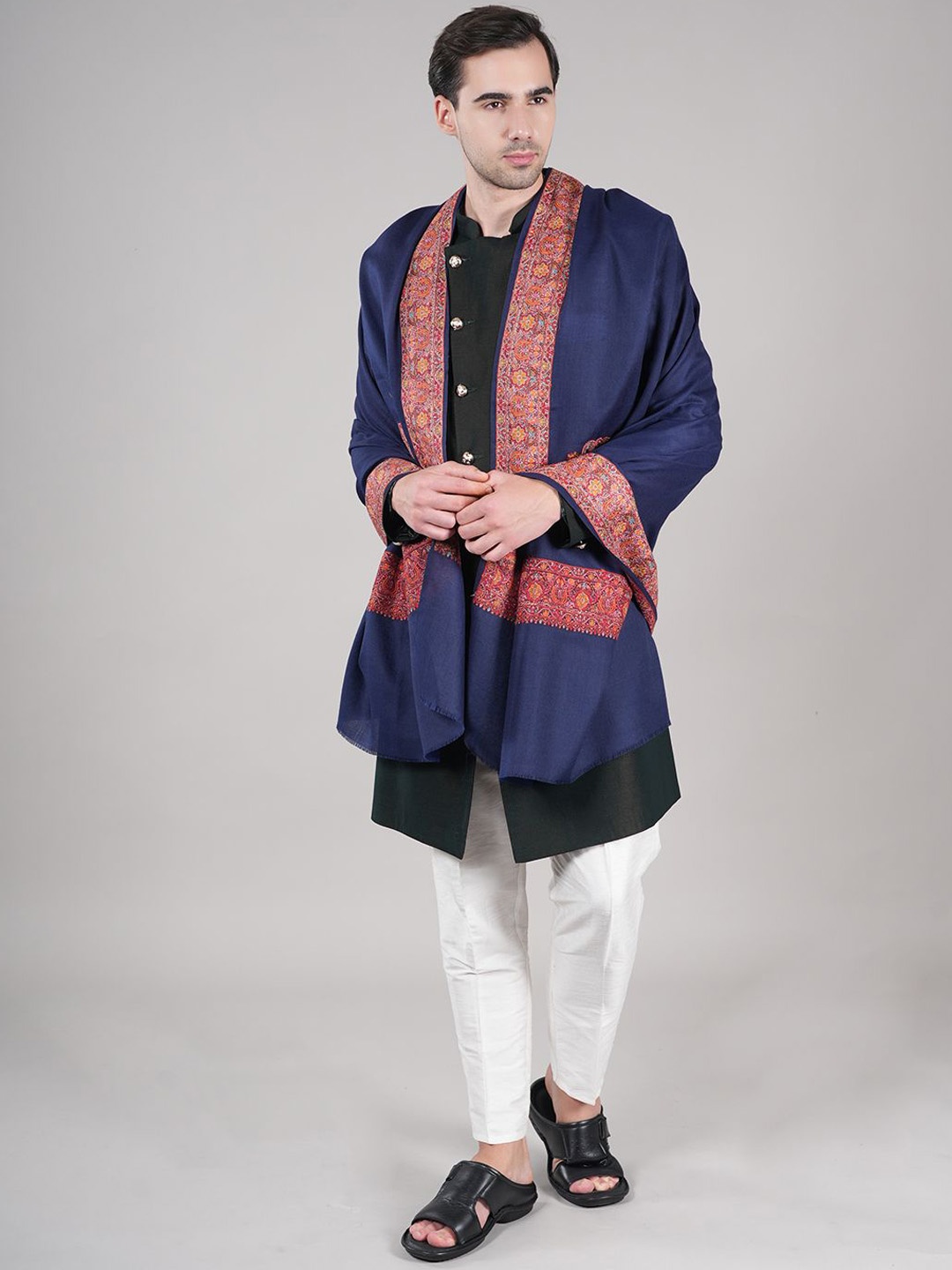 

MUFFLY Floral Printed Pashmina Woollen Shawl, Blue