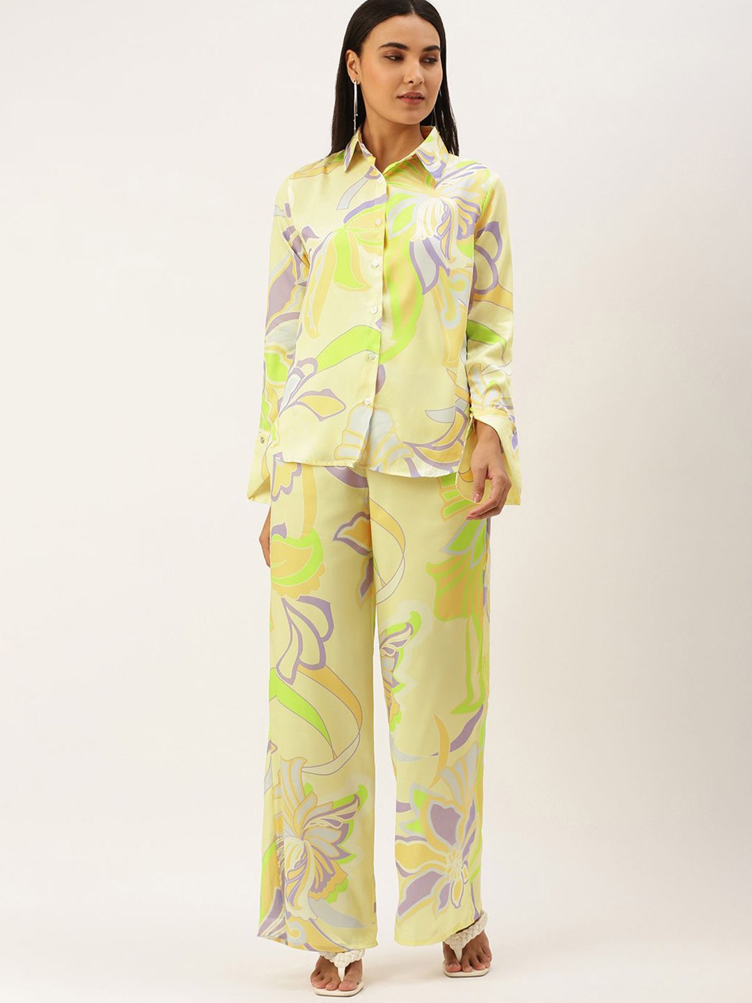 

SHECZZAR Printed Shirt & Trousers Co-Ords Set, Yellow