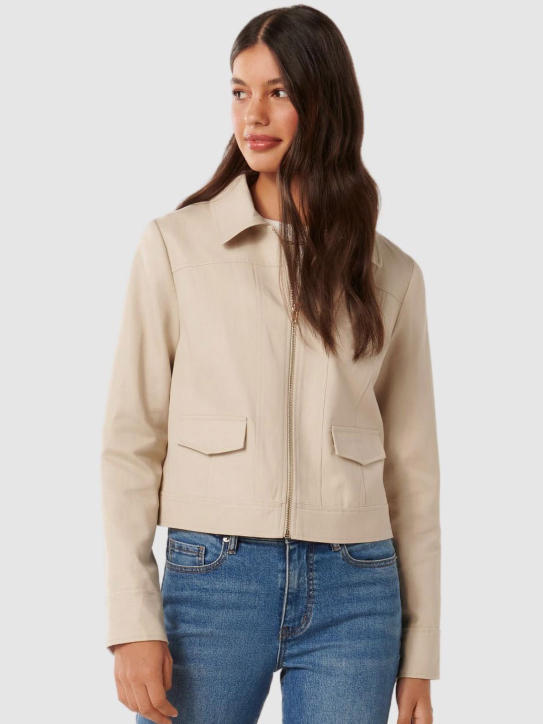 

Forever New Women Spread Collar Solid Cotton Casual Open Front Jacket, Beige