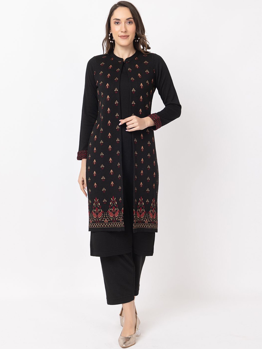 

KEIKO Floral Printed Mandarin Collar Acrylic Straight Kurta with Trousers & Jacket, Black