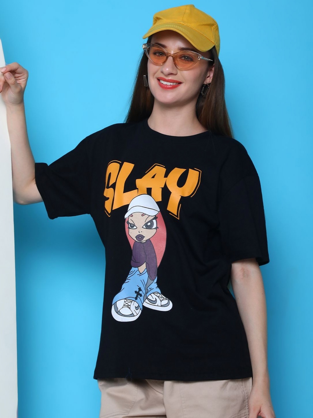 

Metronaut Women Graphic Printed Round Neck Cotton Oversized T-shirt, Black