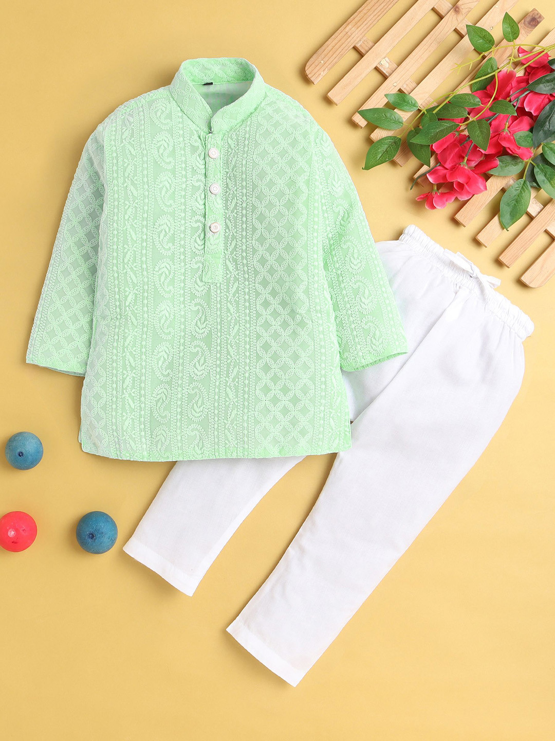 

Jeetethnics Boys Ethnic Motifs Embroidered Mandarin Collar Cotton Silk Kurta with Pyjama, Sea green