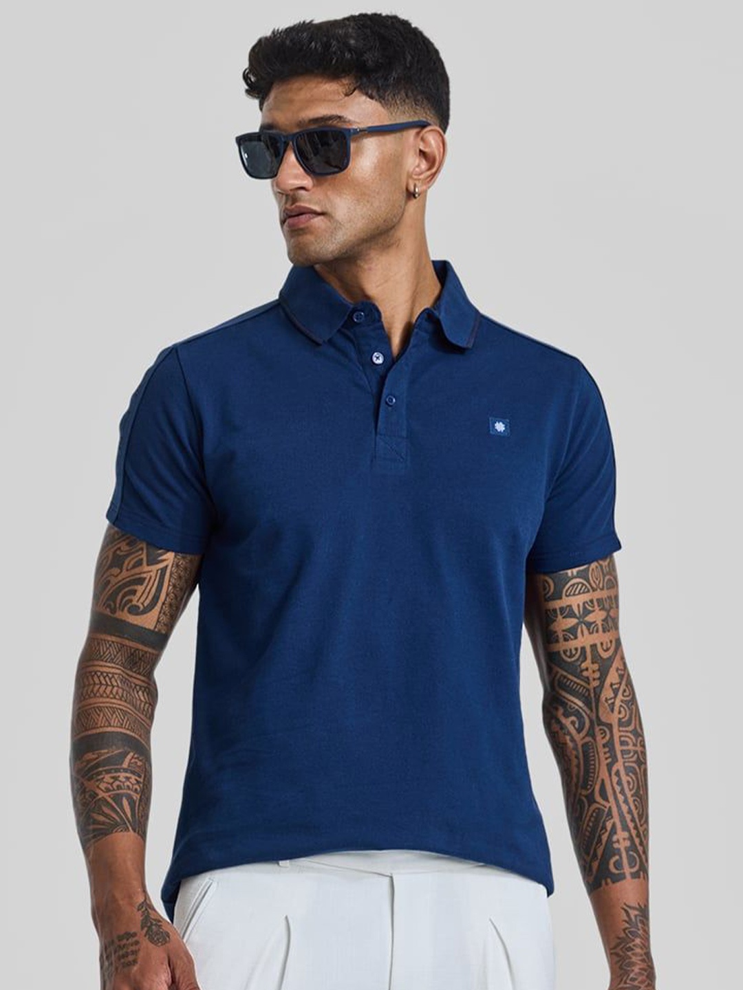 

Snitch Men Solid Polo Collar Cotton Slim Fit T-shirt, Blue