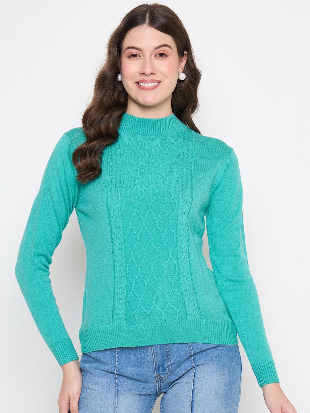 

Knitstudio Women Cable Knit Woollen Pullover Sweater, Sea green