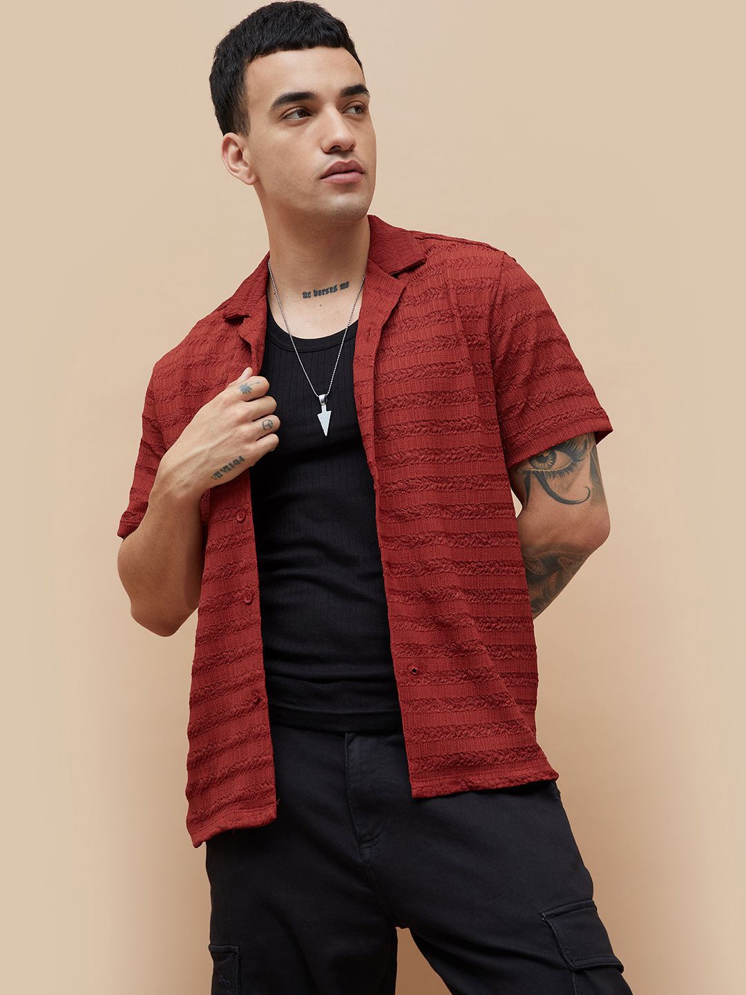 

Forca Men Cuban Collar Horizontal Striped Cotton Casual Shirt, Rust