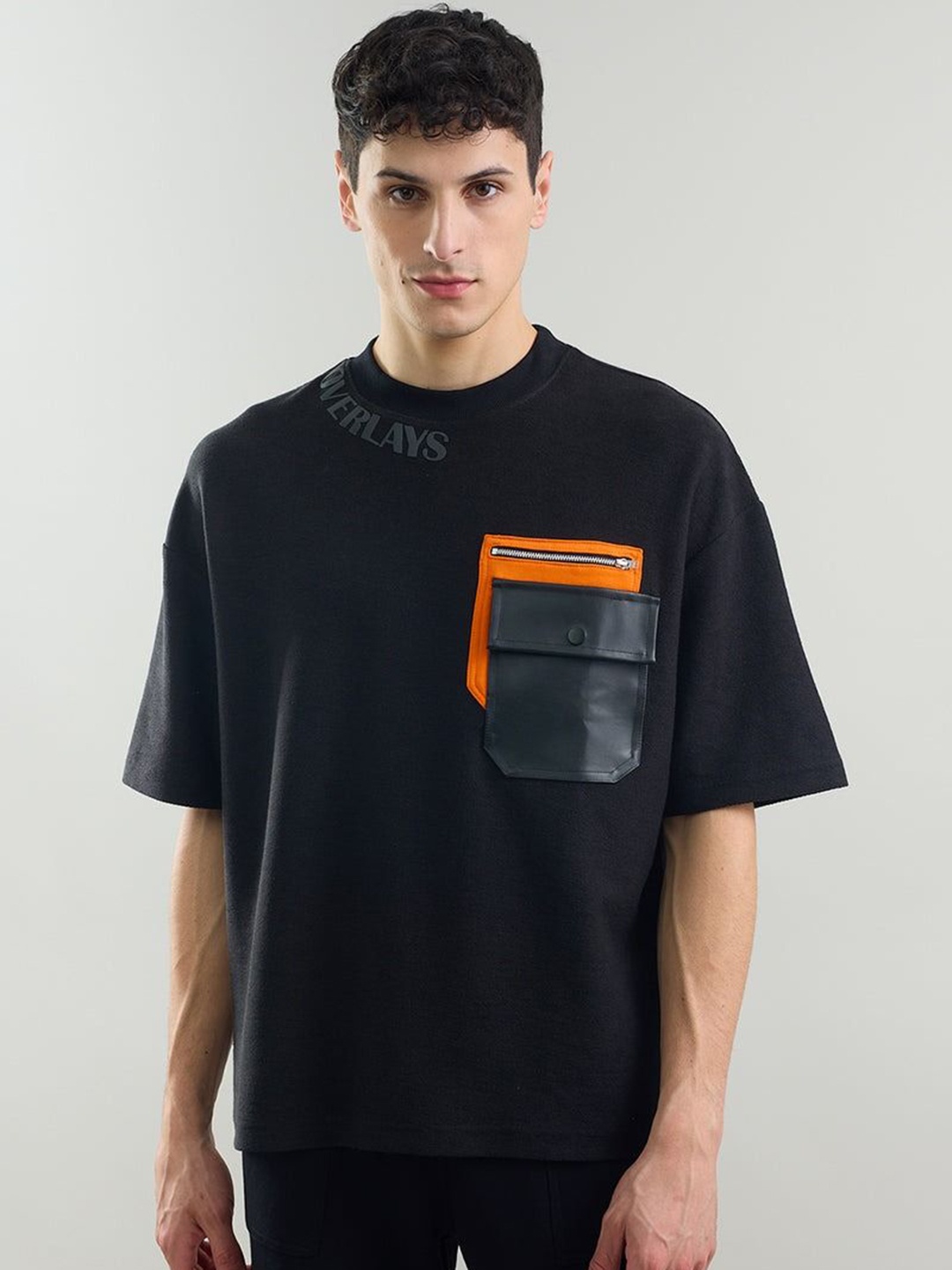 

Overlays Men Typography Printed Round Neck Cotton Oversized T-shirt, Black