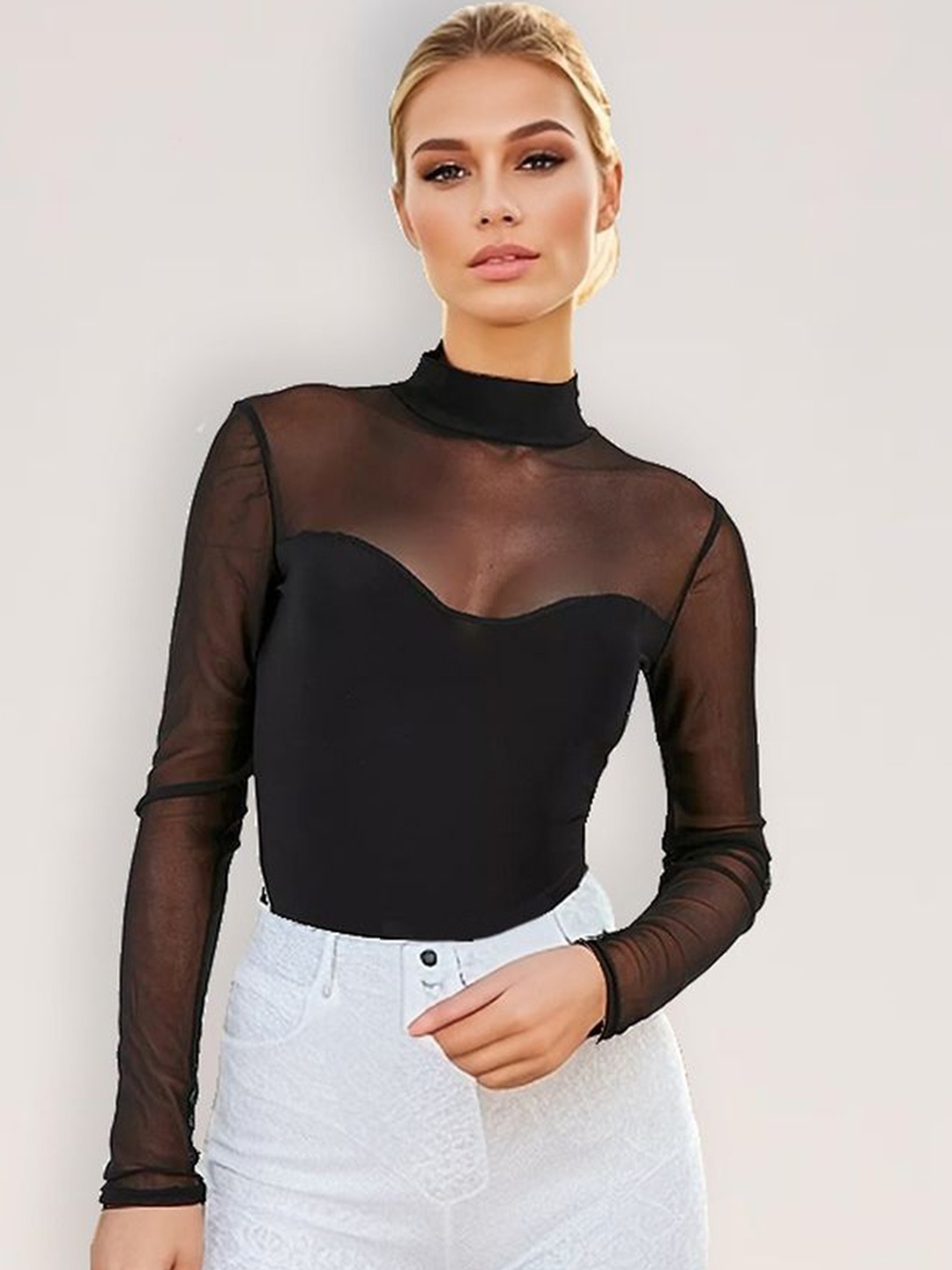 

LULU & SKY Women Sheer Sleeved High Neck Bodysuit Party Top, Black