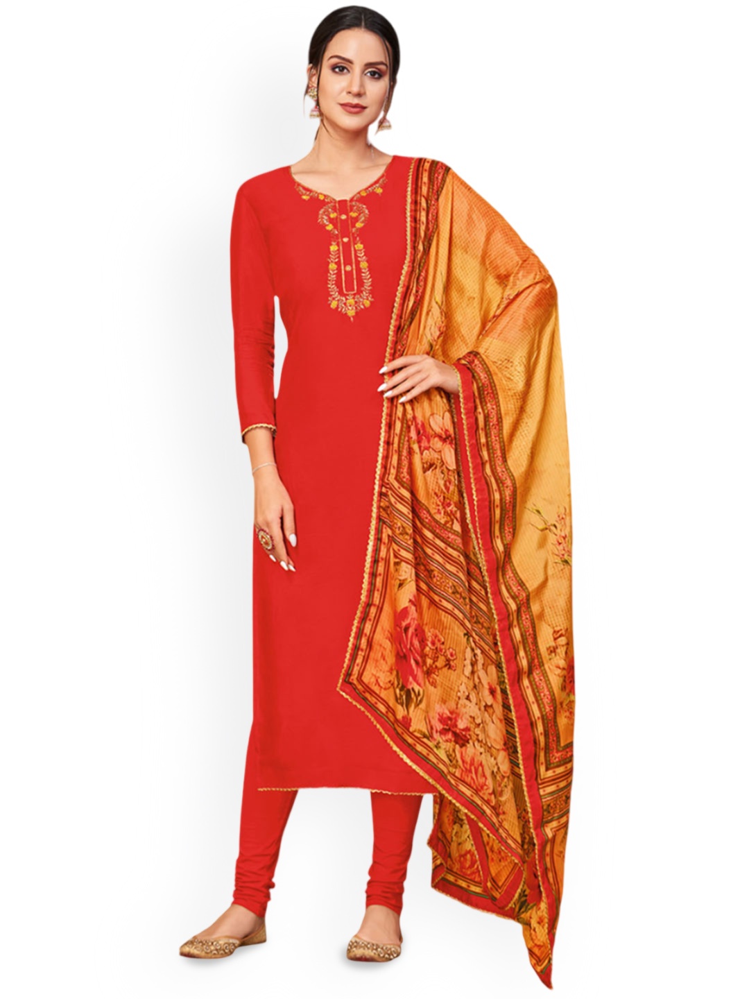 

Maroosh Floral Embroidered Thread Work Unstitched Dress Material, Red
