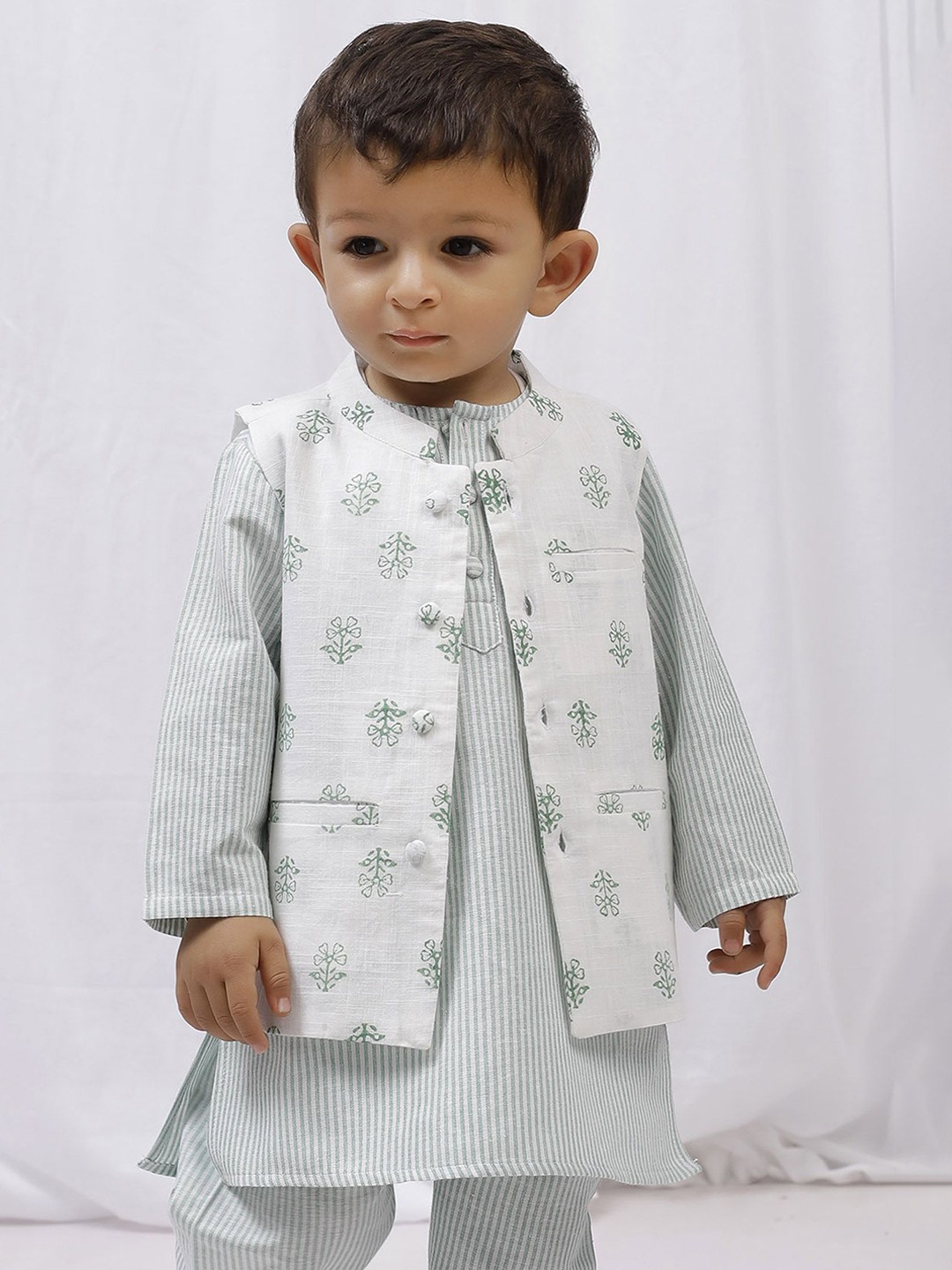 

TJORI Boys Printed Pure Cotton Nehru Jackets, White
