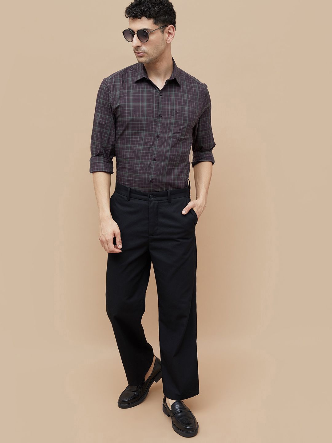 

CODE by Lifestyle Men Cutaway Collar Grid Tattersall Checked Cotton Formal Shirt, Black