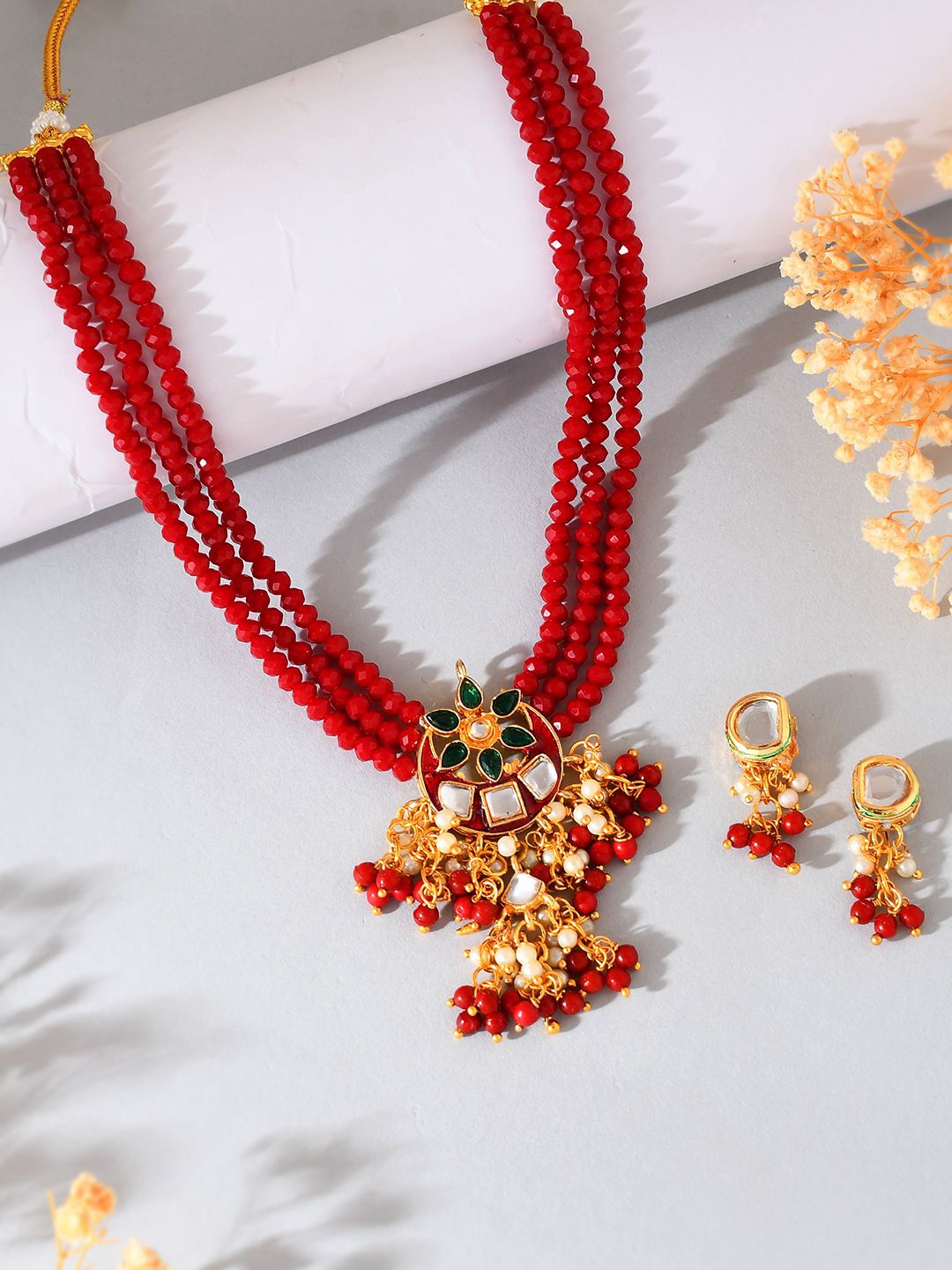

Silvermerc Designs Gold-Plated Stone Studded & Beaded Necklace & Earrings