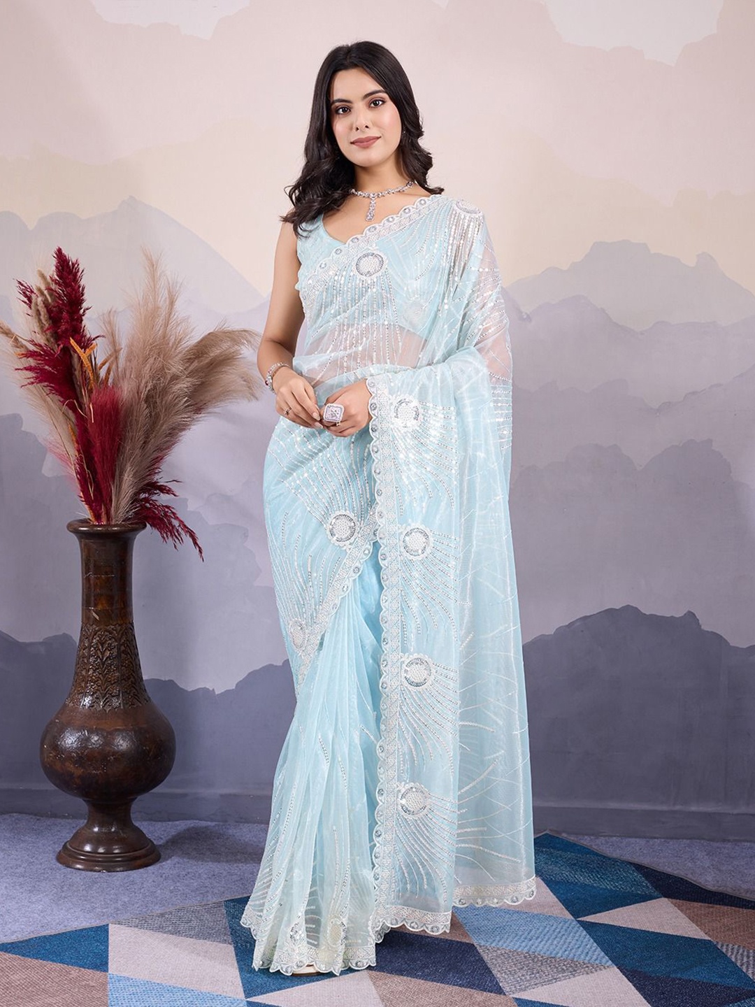 

VenderVilla Sequinned Embroidered Saree With Blouse Piece, Blue