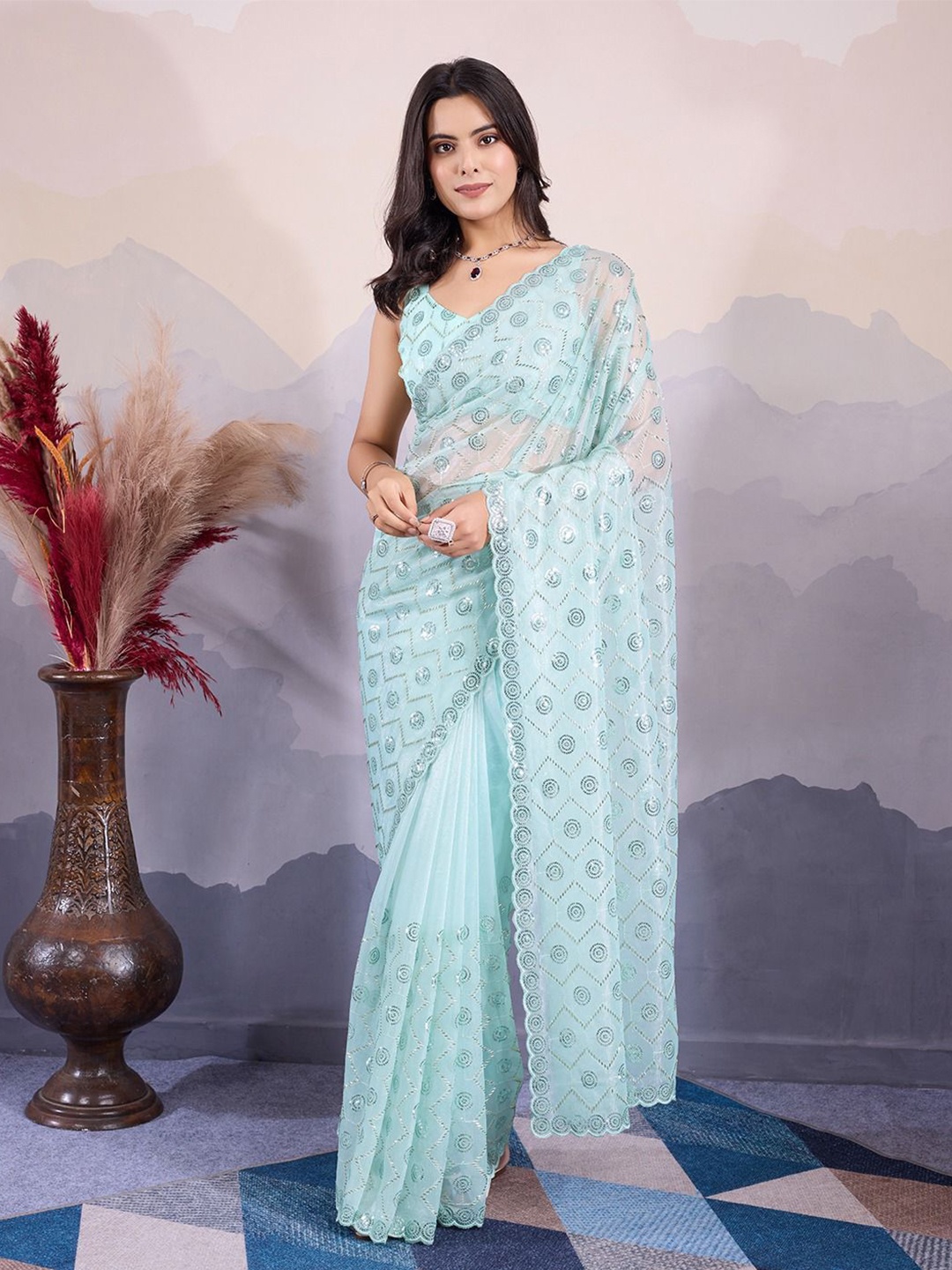 

VenderVilla Embellished Sequinned Supernet Saree, Blue
