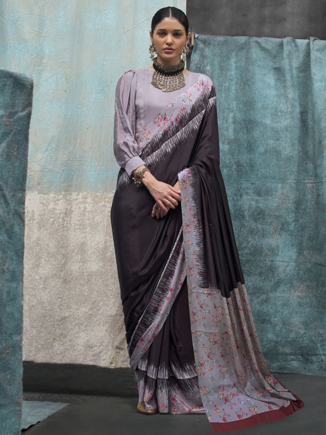 

ODETTE Floral Printed Satin Saree, Black