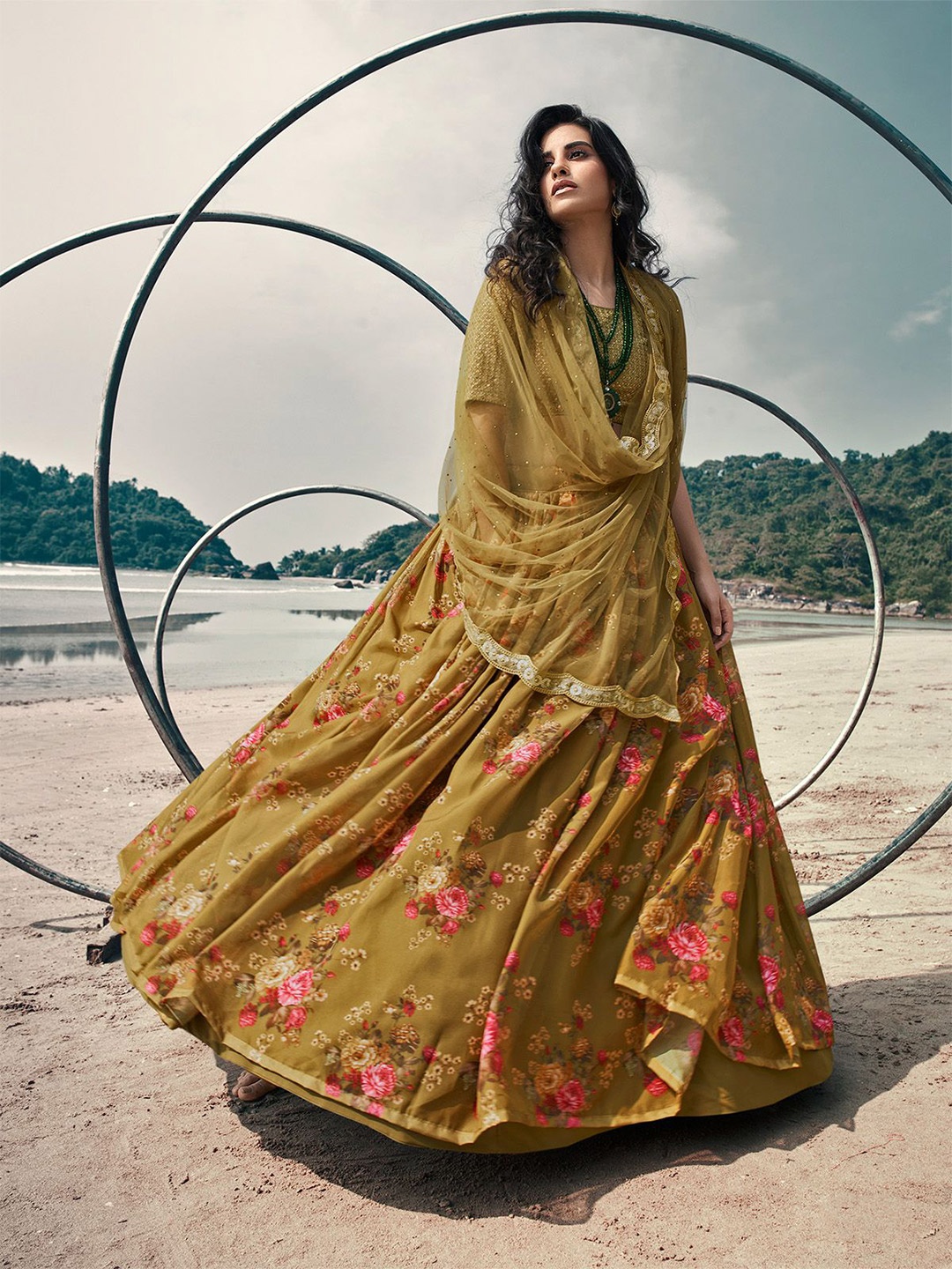 

ODETTE Embroidered Sequinned Organza Semi-Stitched Lehenga & Blouse With Dupatta, Olive