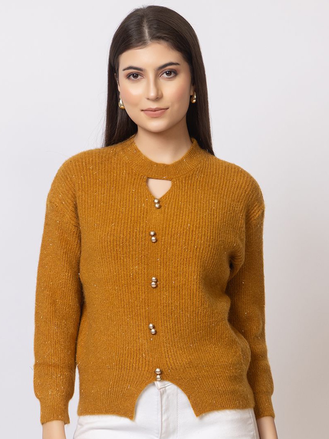 

GFO Women Woollen Self Design Pullover Sweater, Mustard