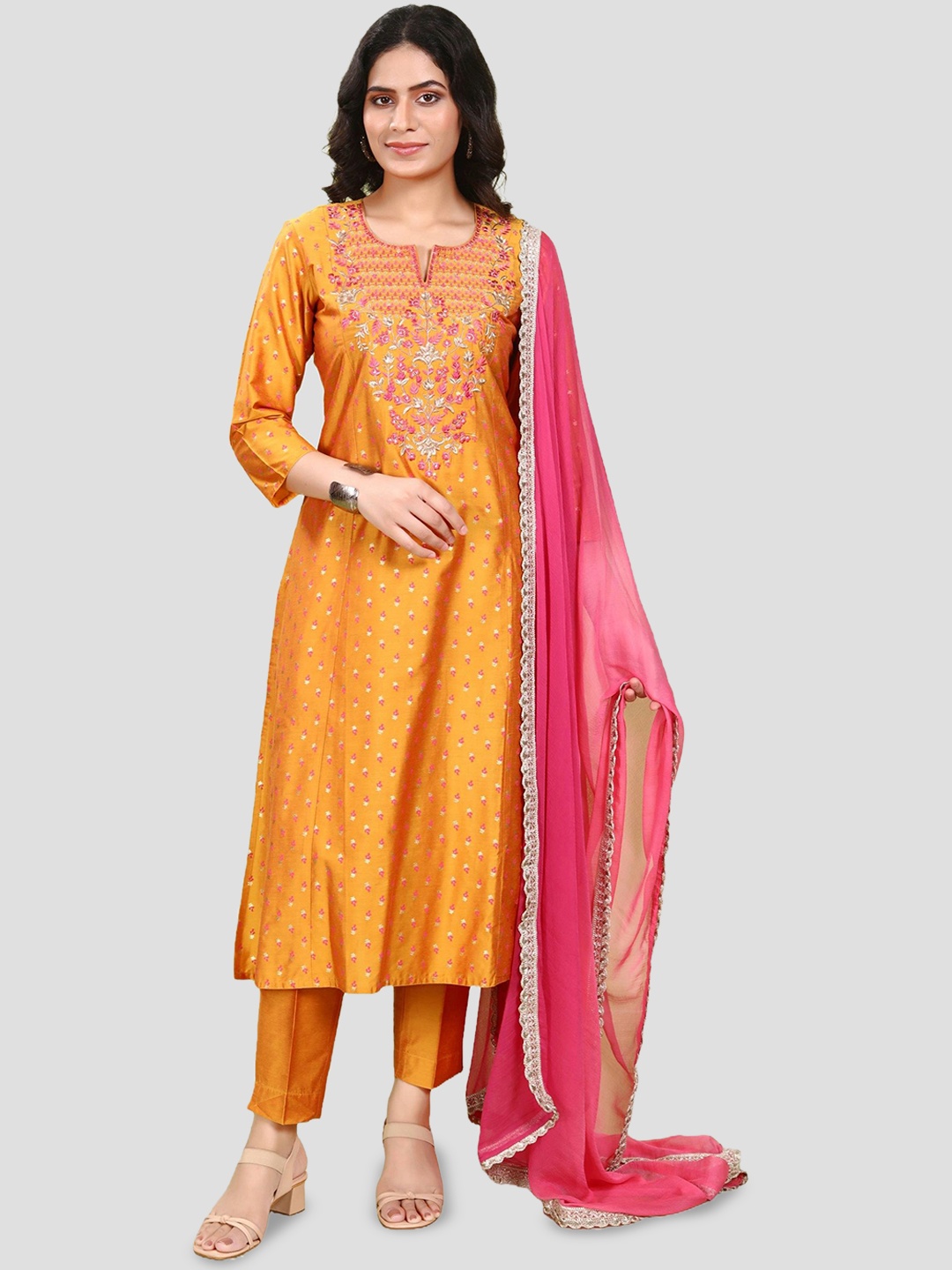 

COTTON CULTURE Floral Embroidered A-Line Kurta With Trouser & Dupatta, Orange