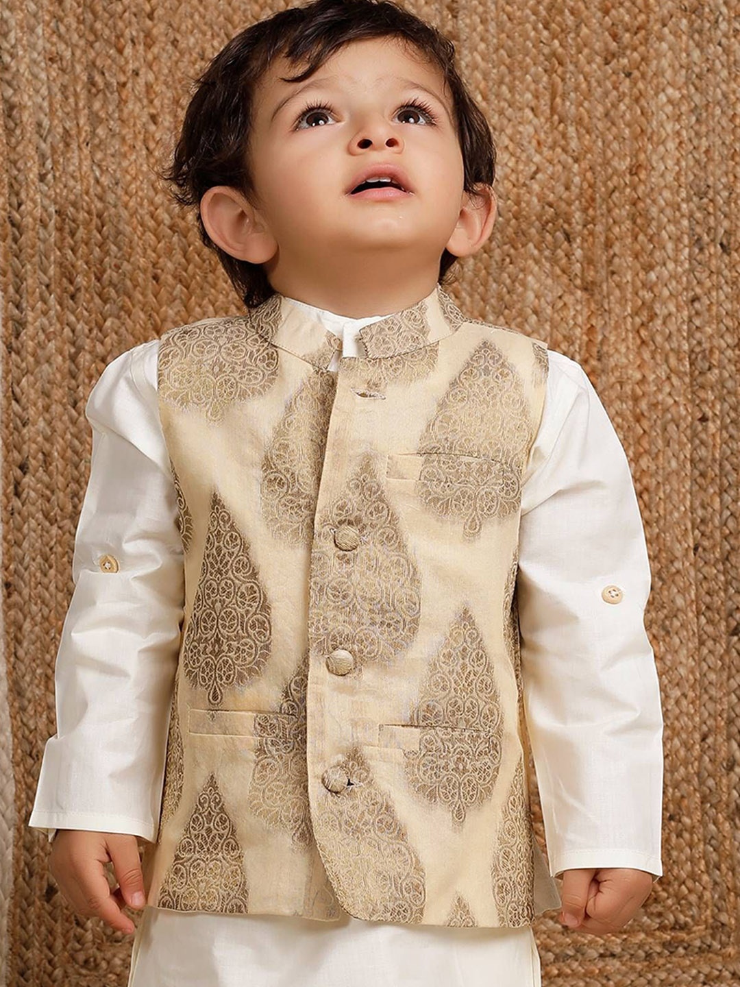 

TJORI Boys Woven Design Brocade Nehru Jackets, Cream