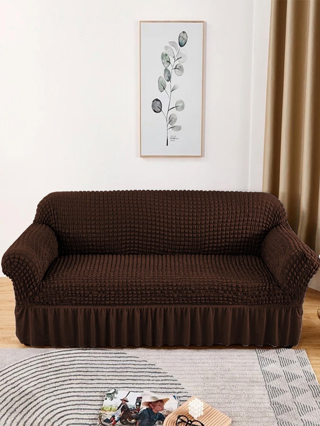 

Lukzer Brown Self Design Sofa Cover With Arms