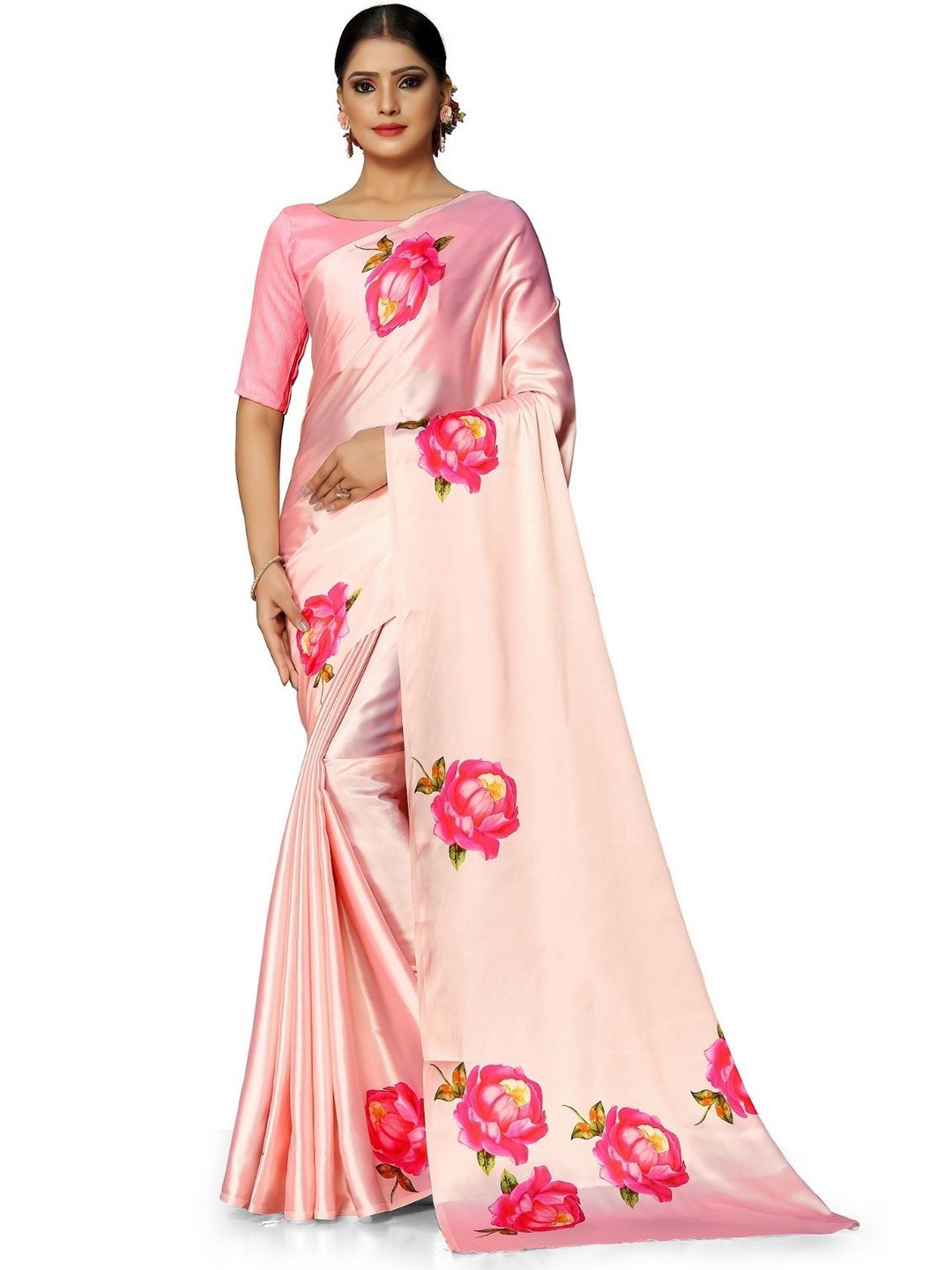 

ODETTE Floral Printed Satin Saree, Peach