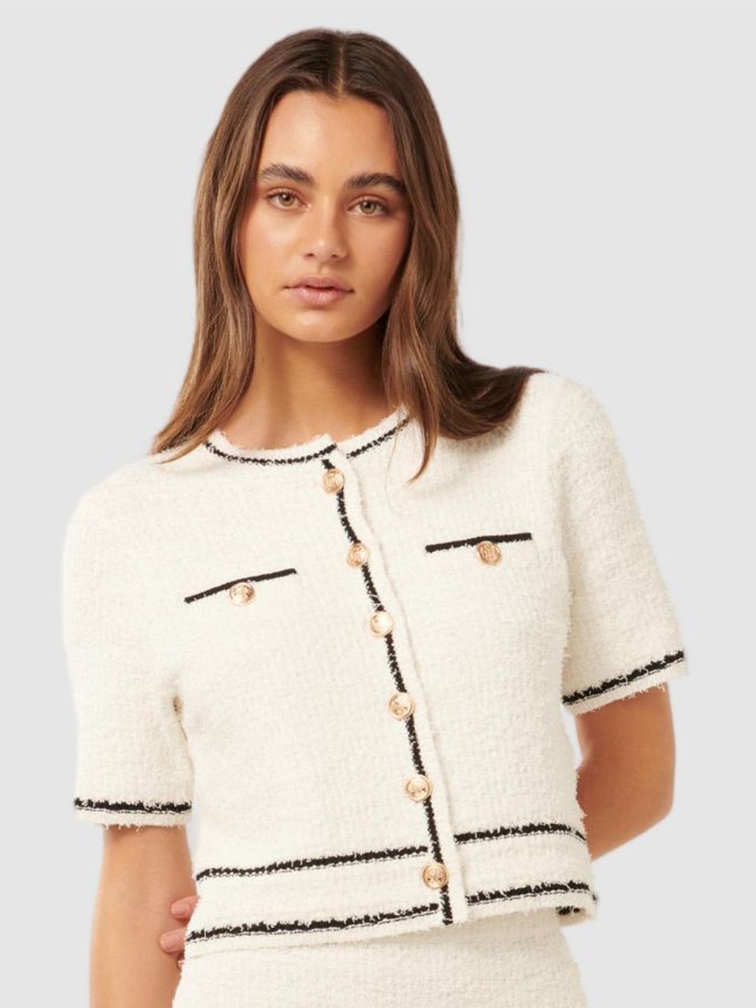 

Forever New Women Short Sleeves Crop Top, Off white