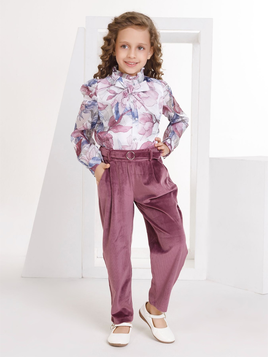 

Peppermint Girls Floral Printed Mandarin Collar Top With Trouser, Purple