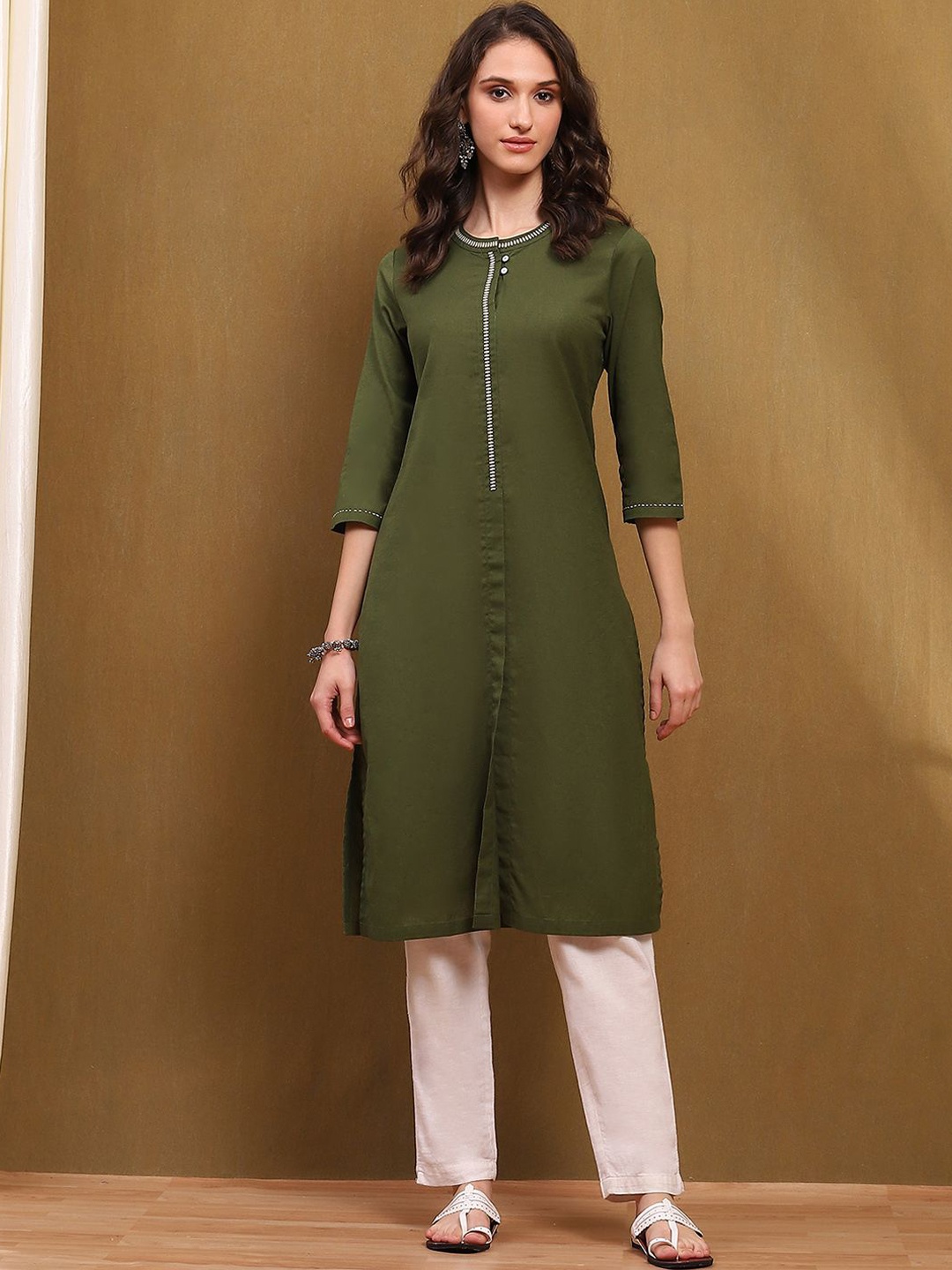 

Biba Band Collar Straight Kurta, Green