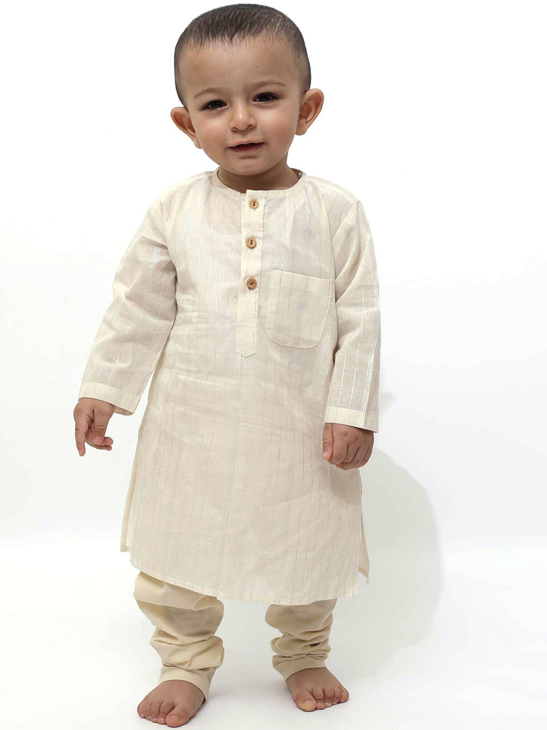 

TJORI Boys Striped Regular Zardozi Pure Cotton Kurta with Churidar, Off white