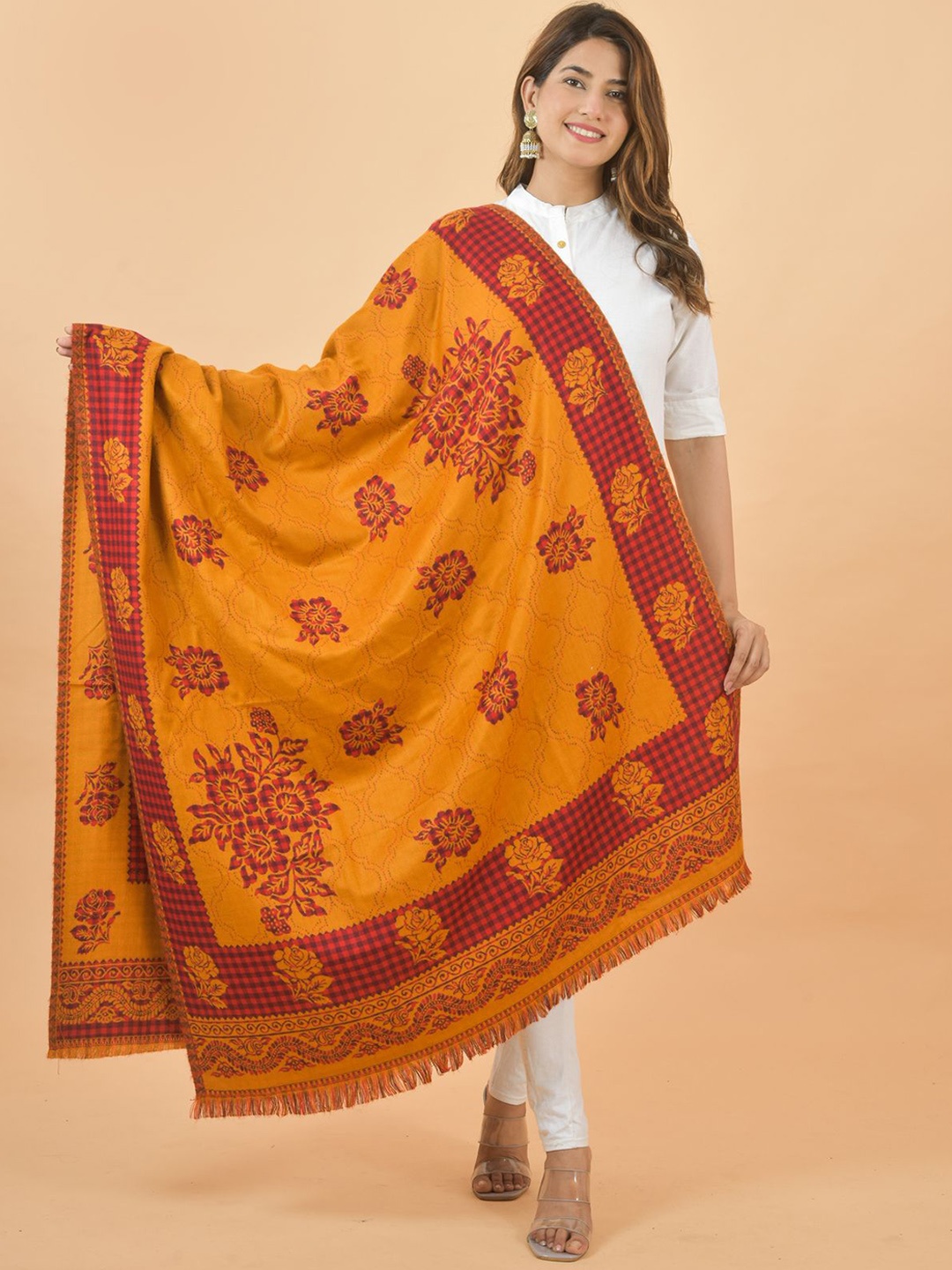 

BAISA Ethnic Motifs Woven Design Woollen Reversible Shawl, Mustard