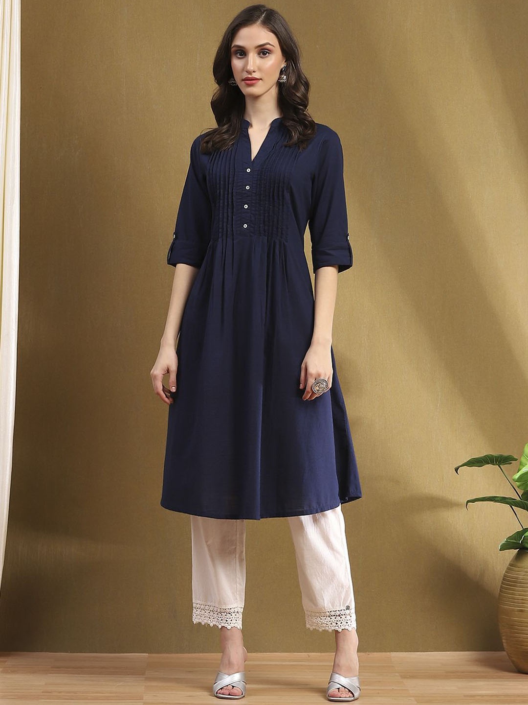 

Biba Band Collar Regular Cotton A-Line Kurta, Blue