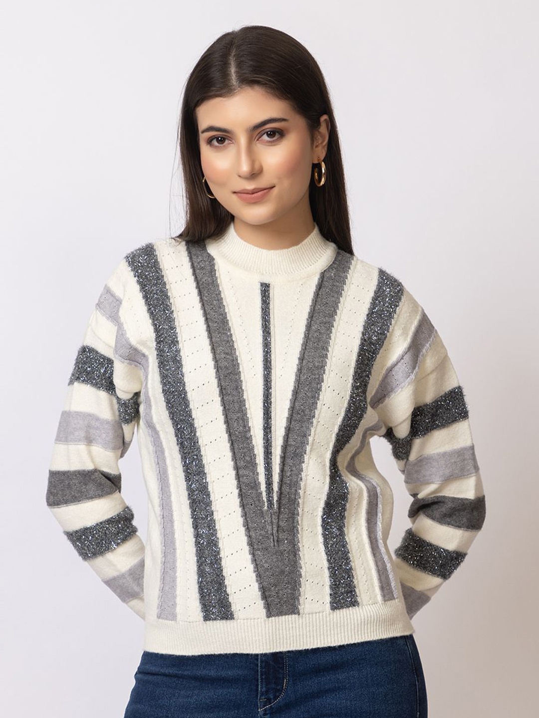 

GFO Women Striped Woollen Pullover, Grey