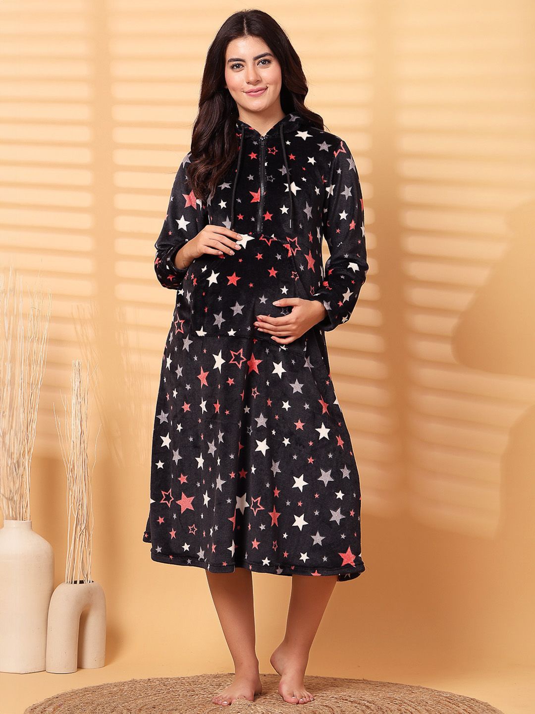 

Secret Wish Women Printed Hooded Woolen Maternity Nightdress, Black