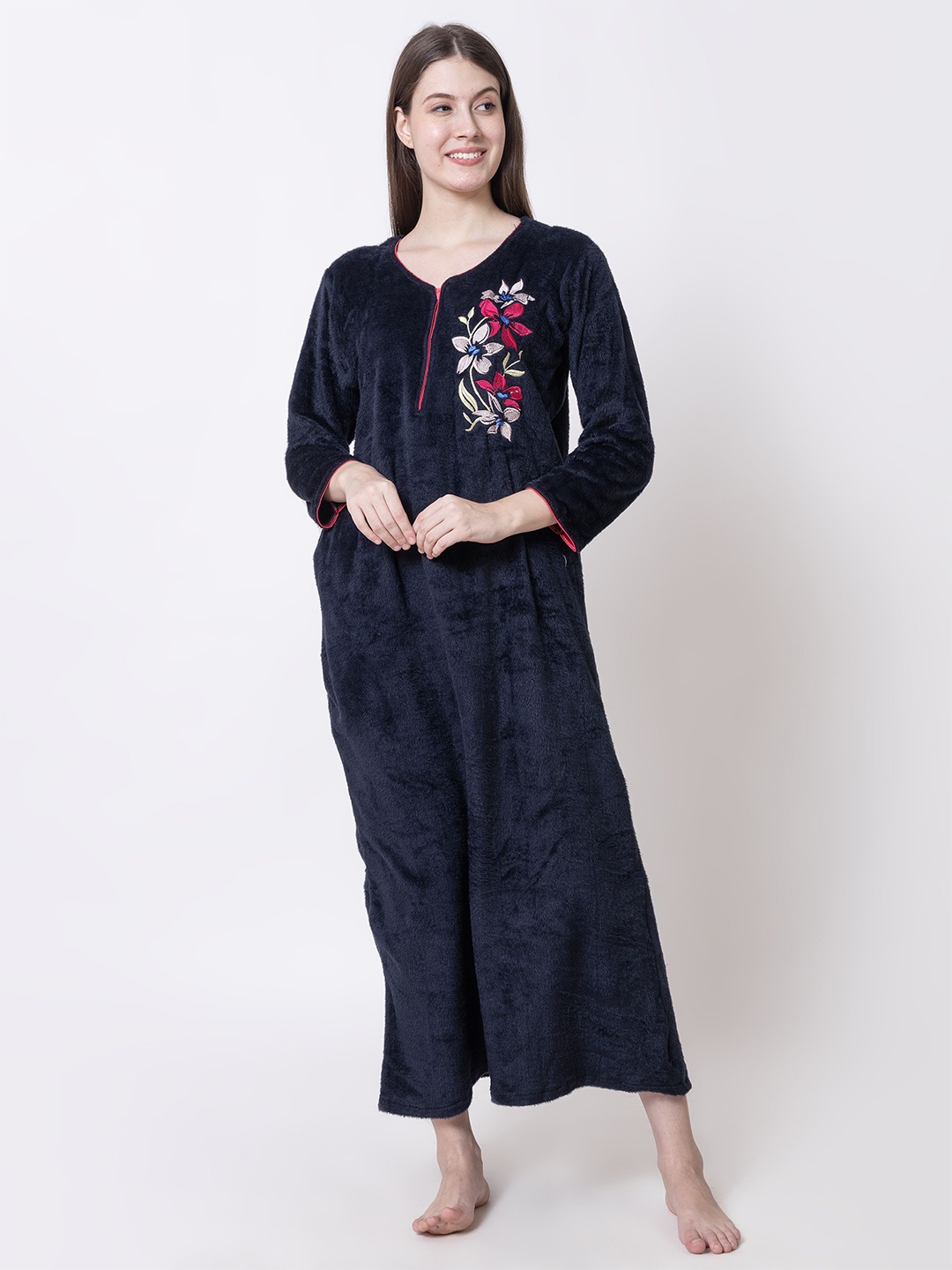 

AVYAY Women Embroidered Maxi Nightdress, Blue