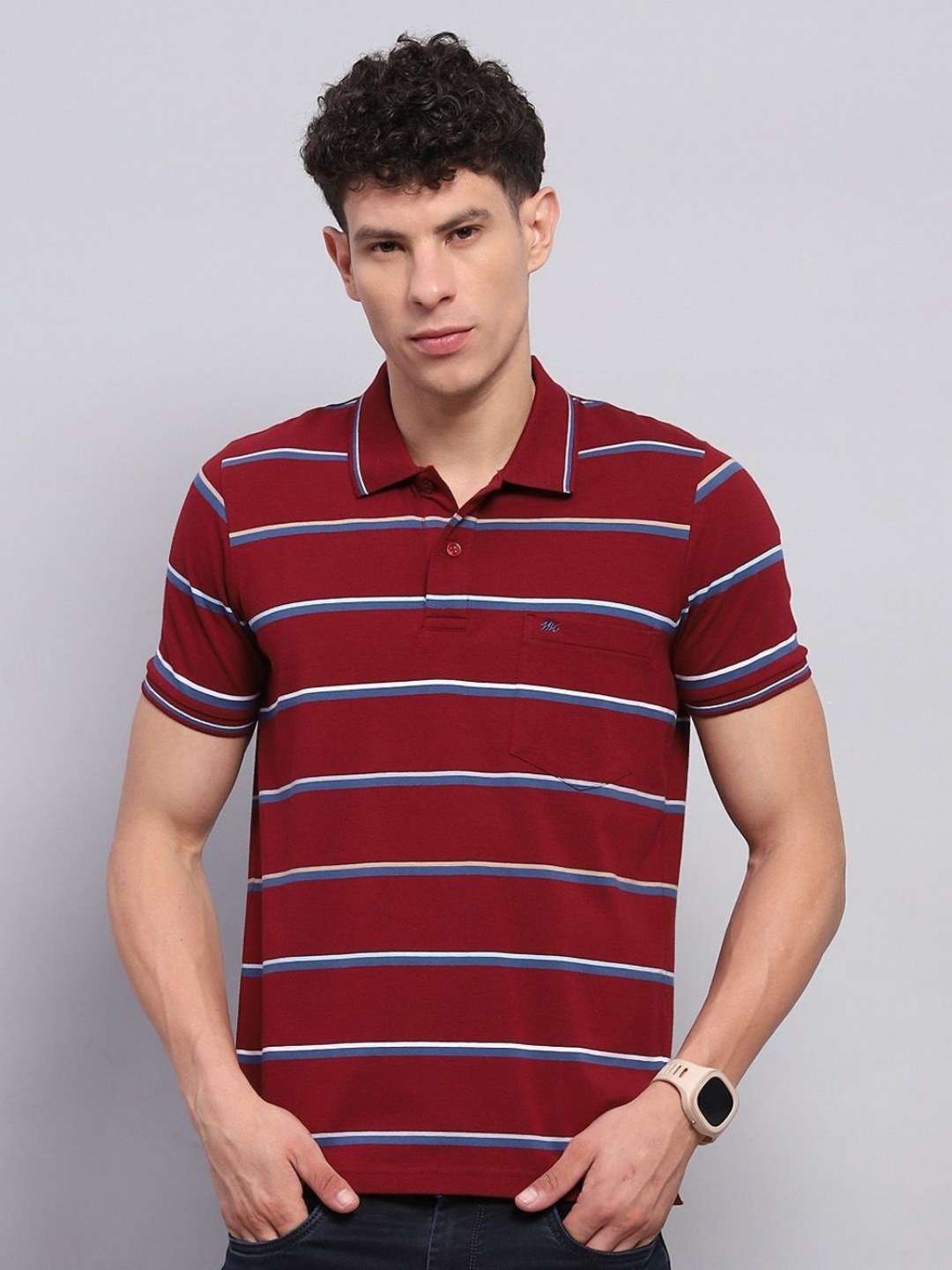 

Monte Carlo Men Striped Polo Collar Cotton T-shirt, Maroon