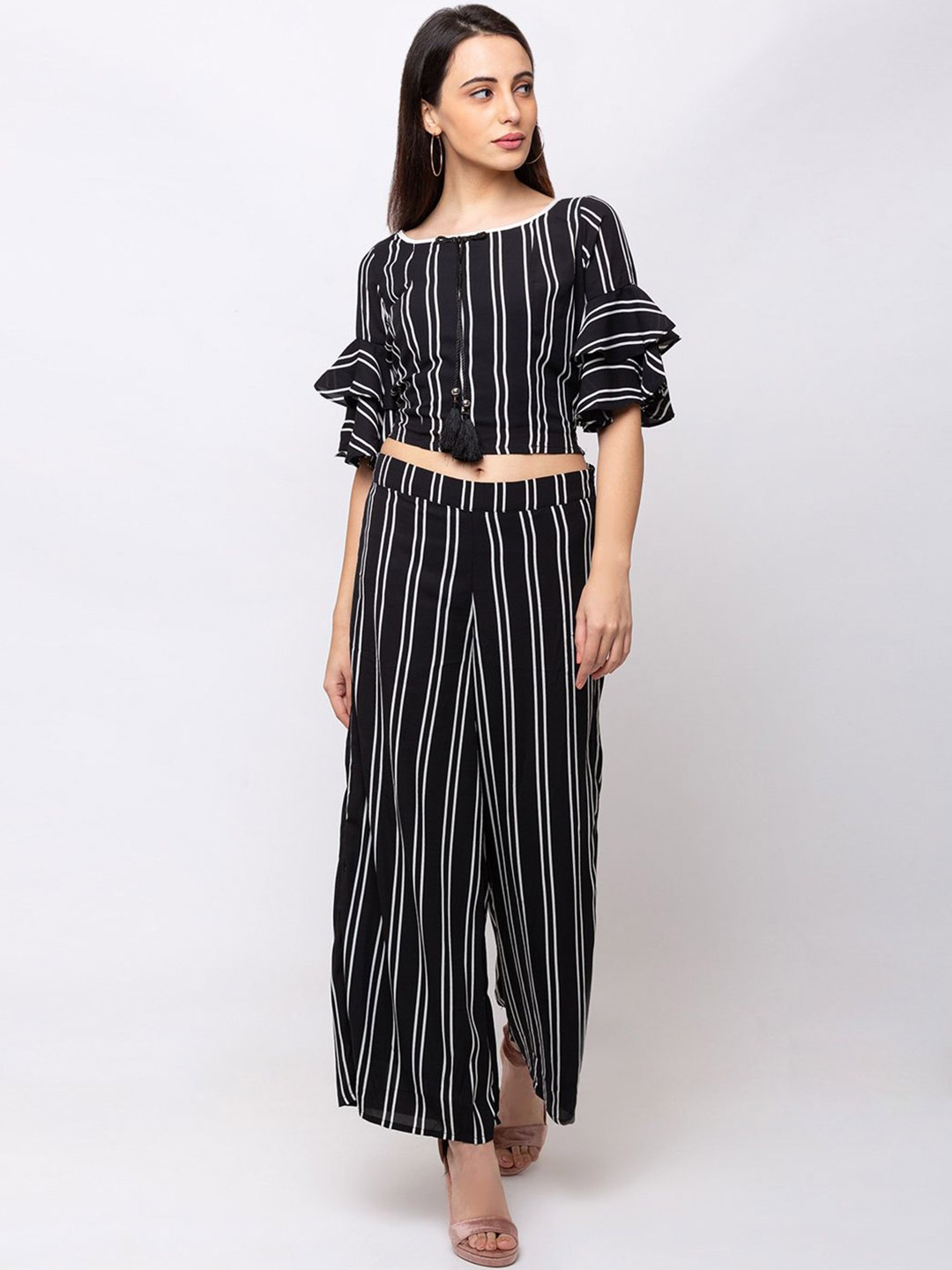 

SHECZZAR Striped Print Top & Palazzos Co-Ords, Black