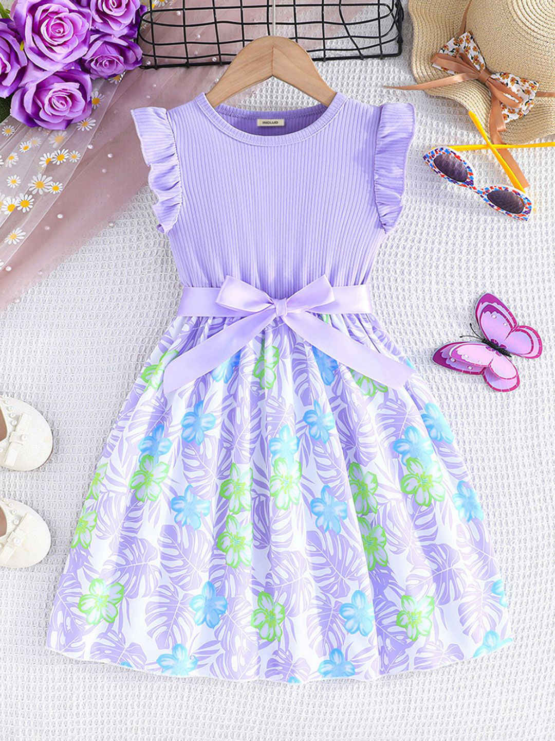 

INCLUD Girls Tropical Printed Flutter Sleeve Cotton Fit & Flare Dress, Purple