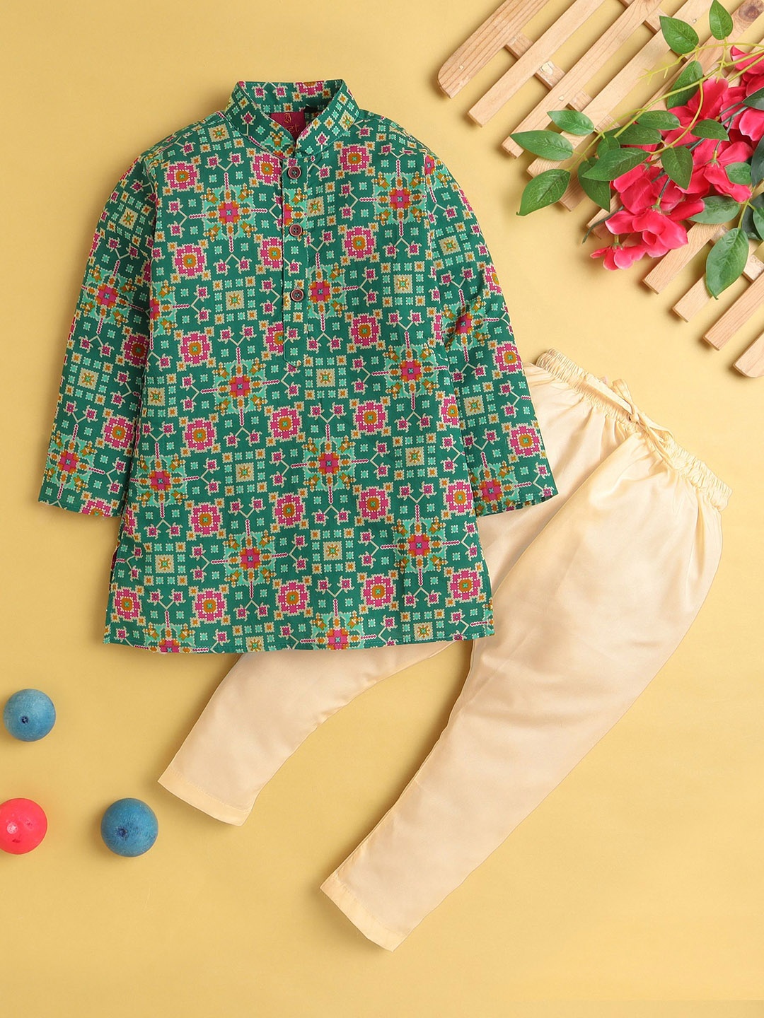 

Jeetethnics Boys Ethnic Motifs Printed Mandarin Collar Cotton Silk Kurta with Pyjama, Turquoise blue