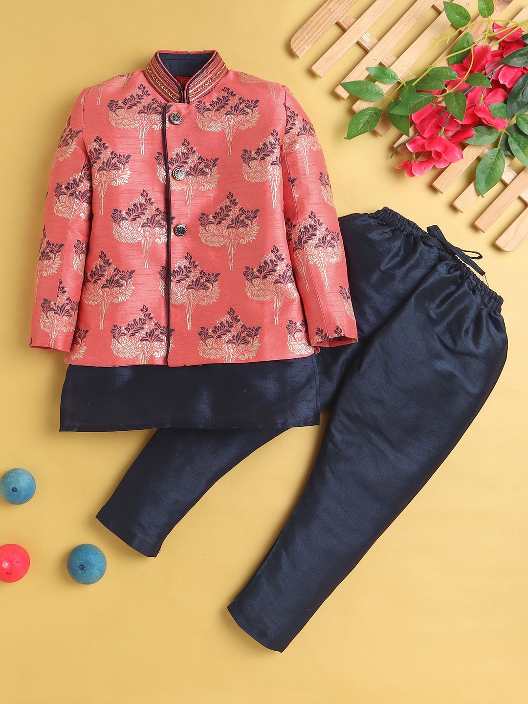 

Jeetethnics Boys Mandarin Collar Silk Cotton Kurta with Pyjama & Jacket, Peach