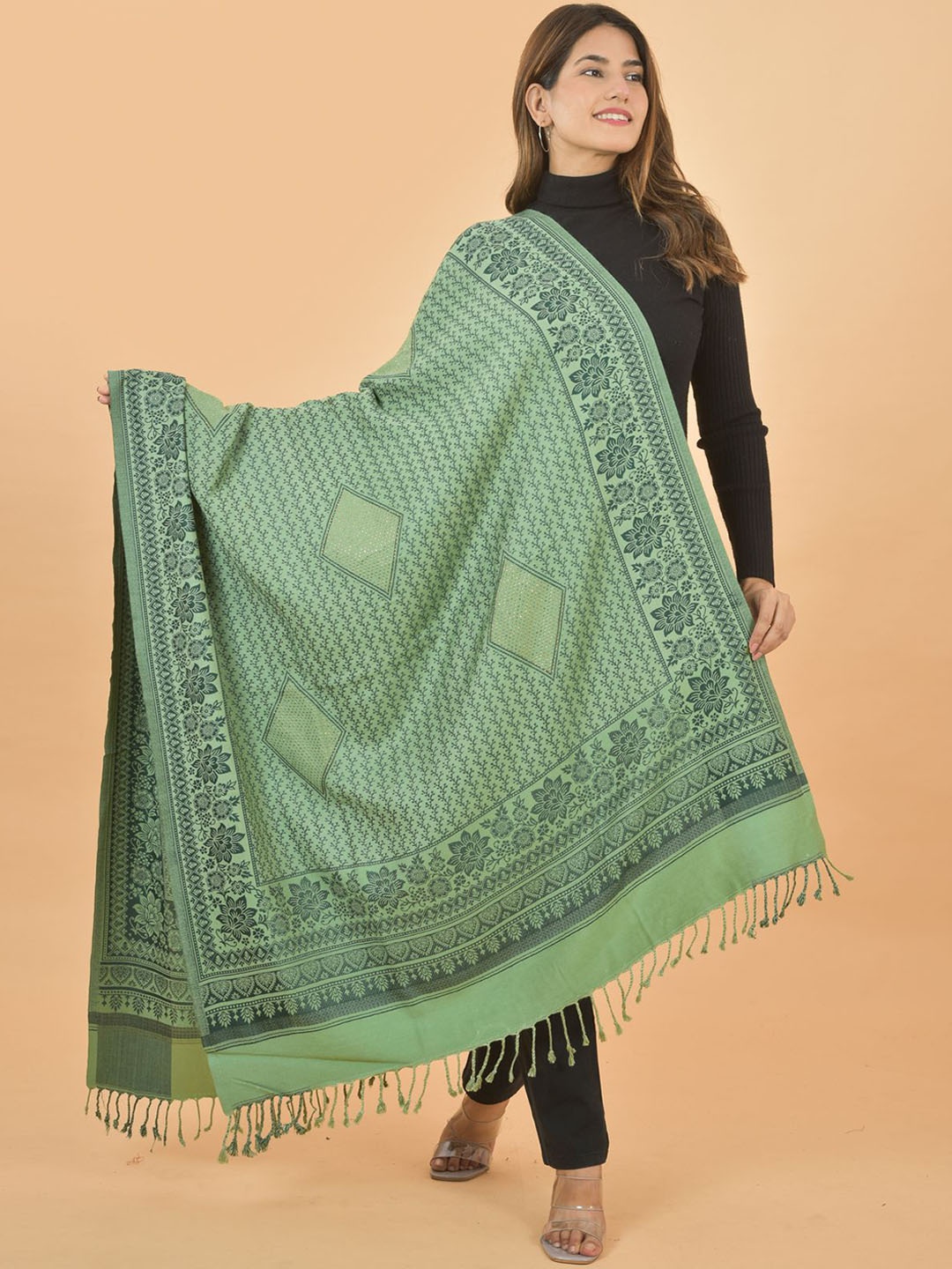 

BAISA Floral Woven Design Mukaish Work Shawl, Green