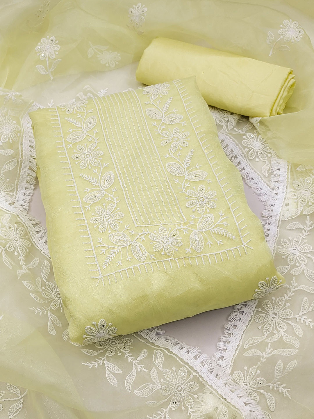 

Maroosh Floral Embroidered Organza Unstitched Dress Material, Yellow