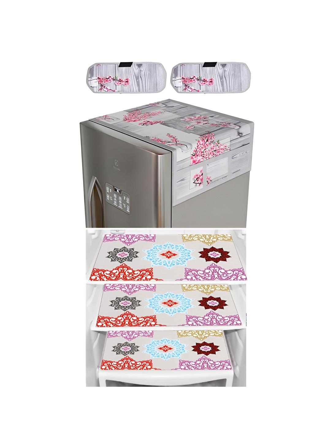 

LooMantha Grey & Pink 6 Pieces Printed Refrigerator Top With Handle Covers & Fridge Mats