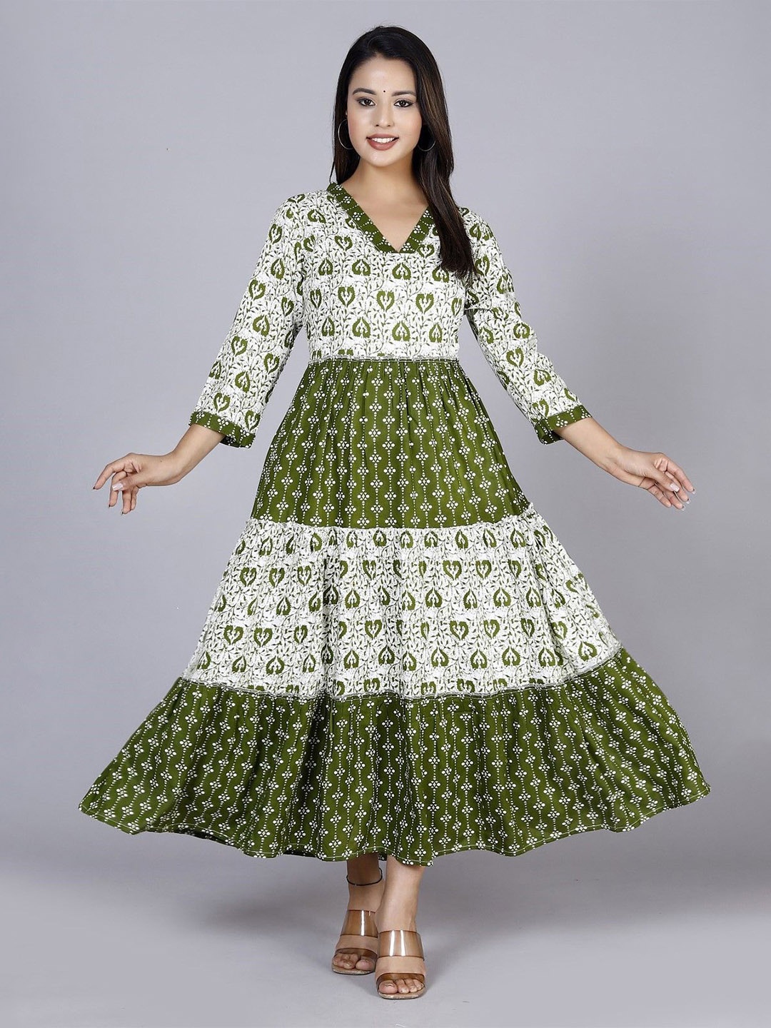 

ANTU KURTIES Ethnic Motifs Printed Fit & Flare Maxi Tiered Dress, Green
