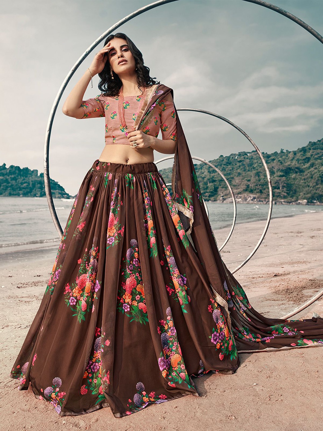 

ODETTE Floral Embroidered Thread Work Organza Semi-Stitched Lehenga & Blouse With Dupatta, Brown