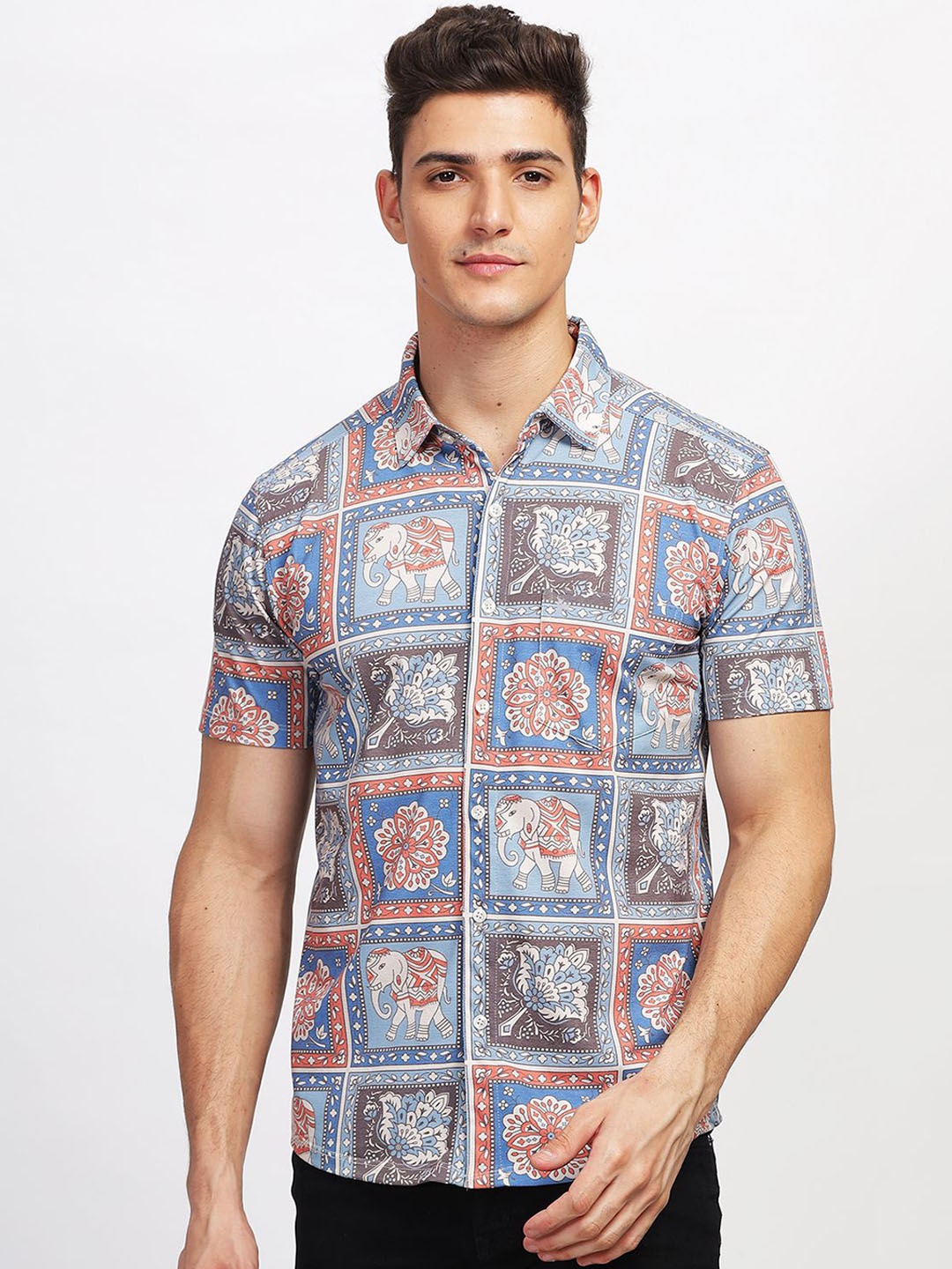 

BULLMER Ethnic Motifs Printed Short Sleeves Shirt With Trouser, Blue