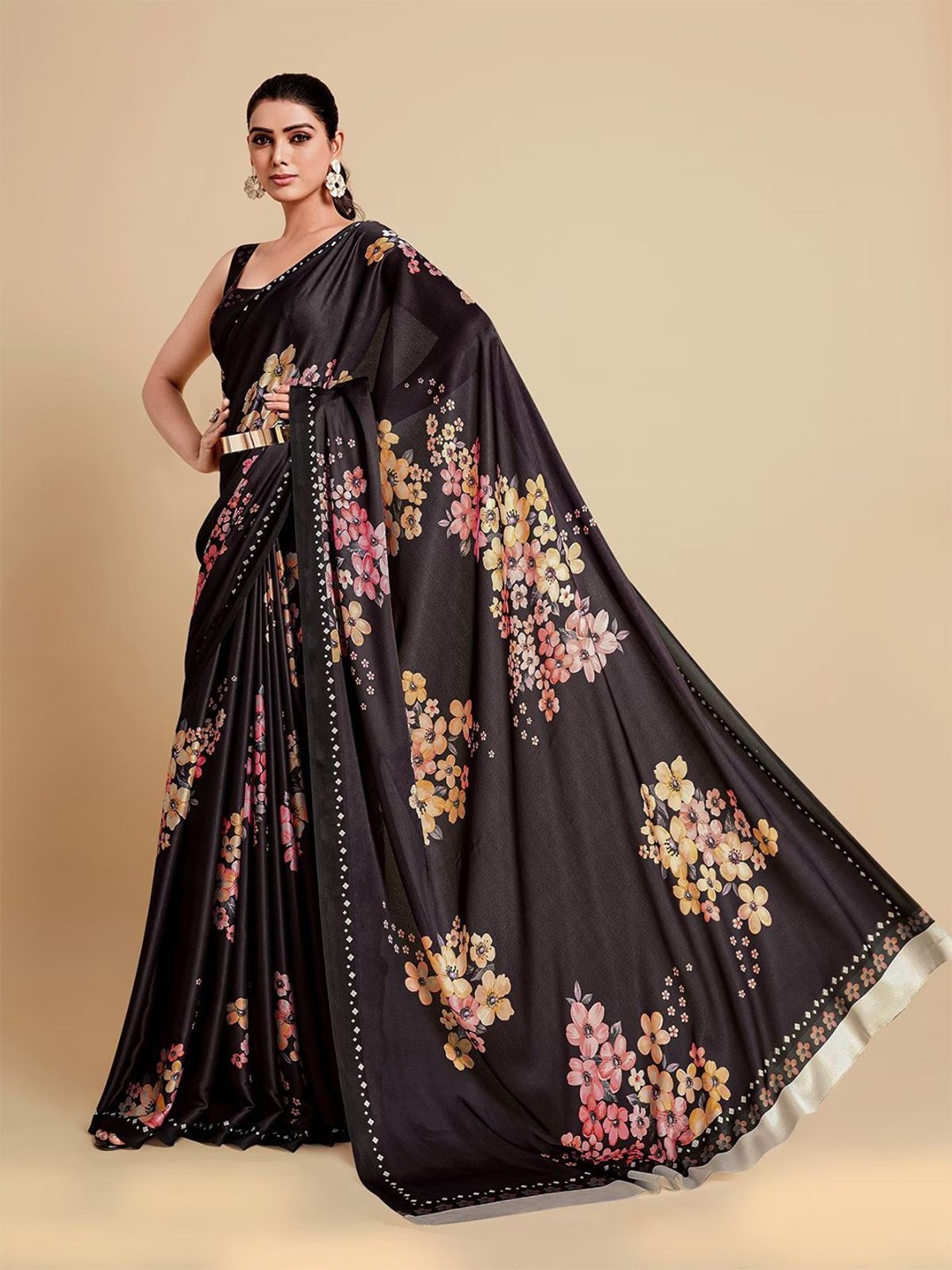 

ODETTE Floral Satin Saree With Blouse Piece, Black