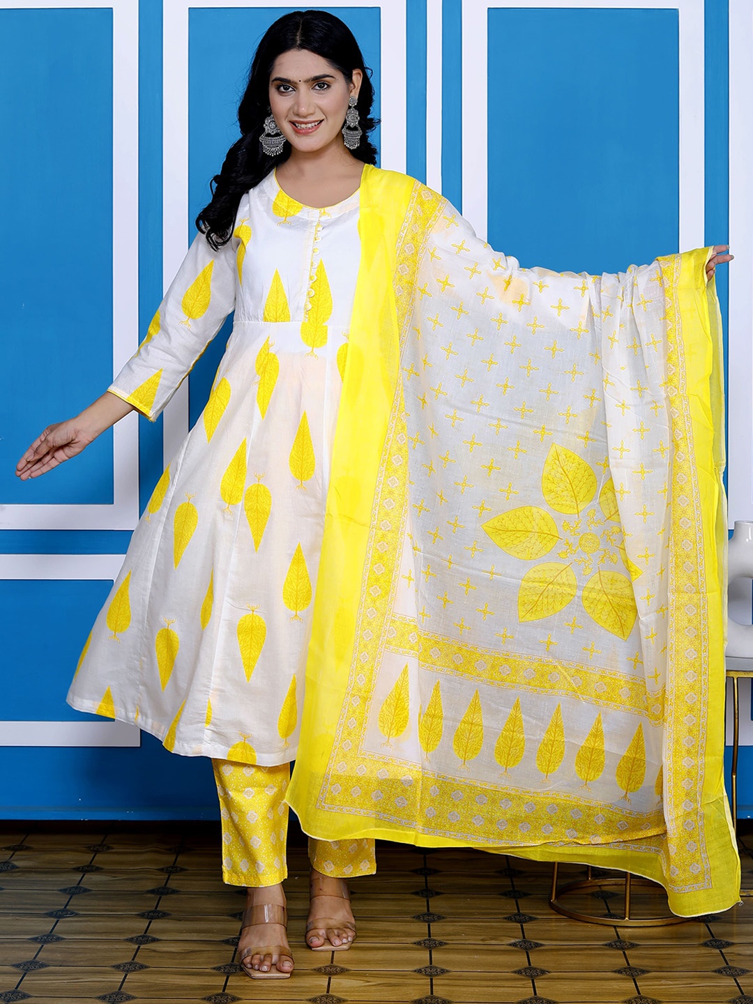 

Shriji fashion Ethnic Motifs Printed Pure Cotton Anarkali Kurta With Trouser & Dupatta, Yellow