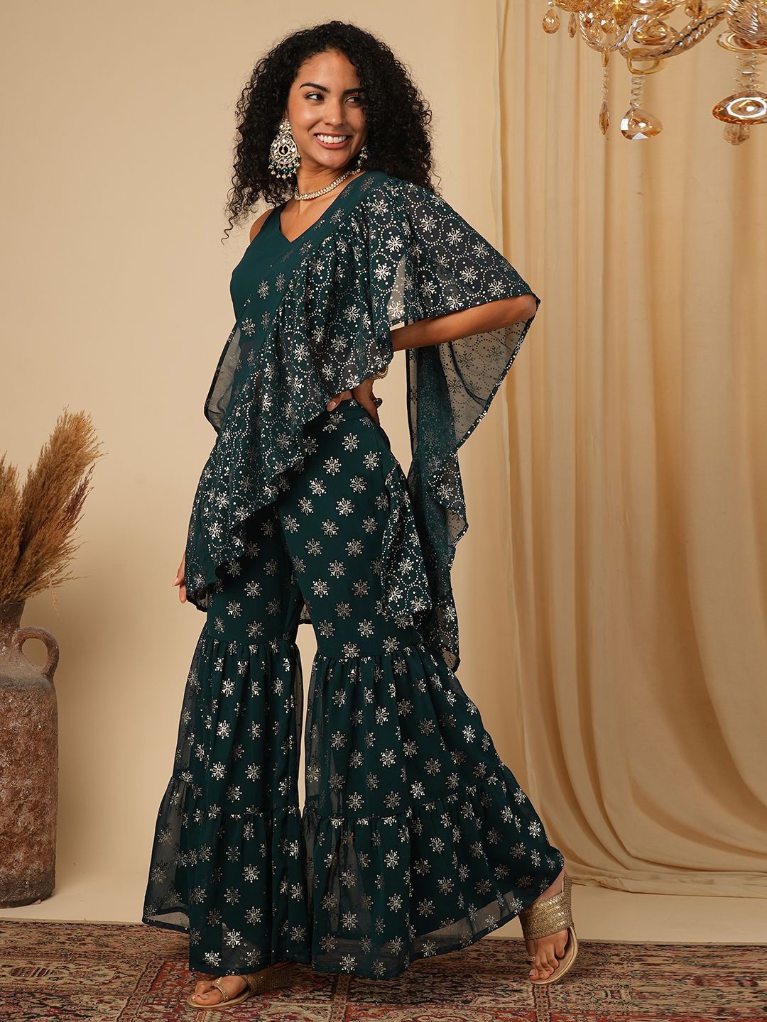 

Globus Ethnic Motifs Printed Pure Georgette Palazzo Saree, Teal